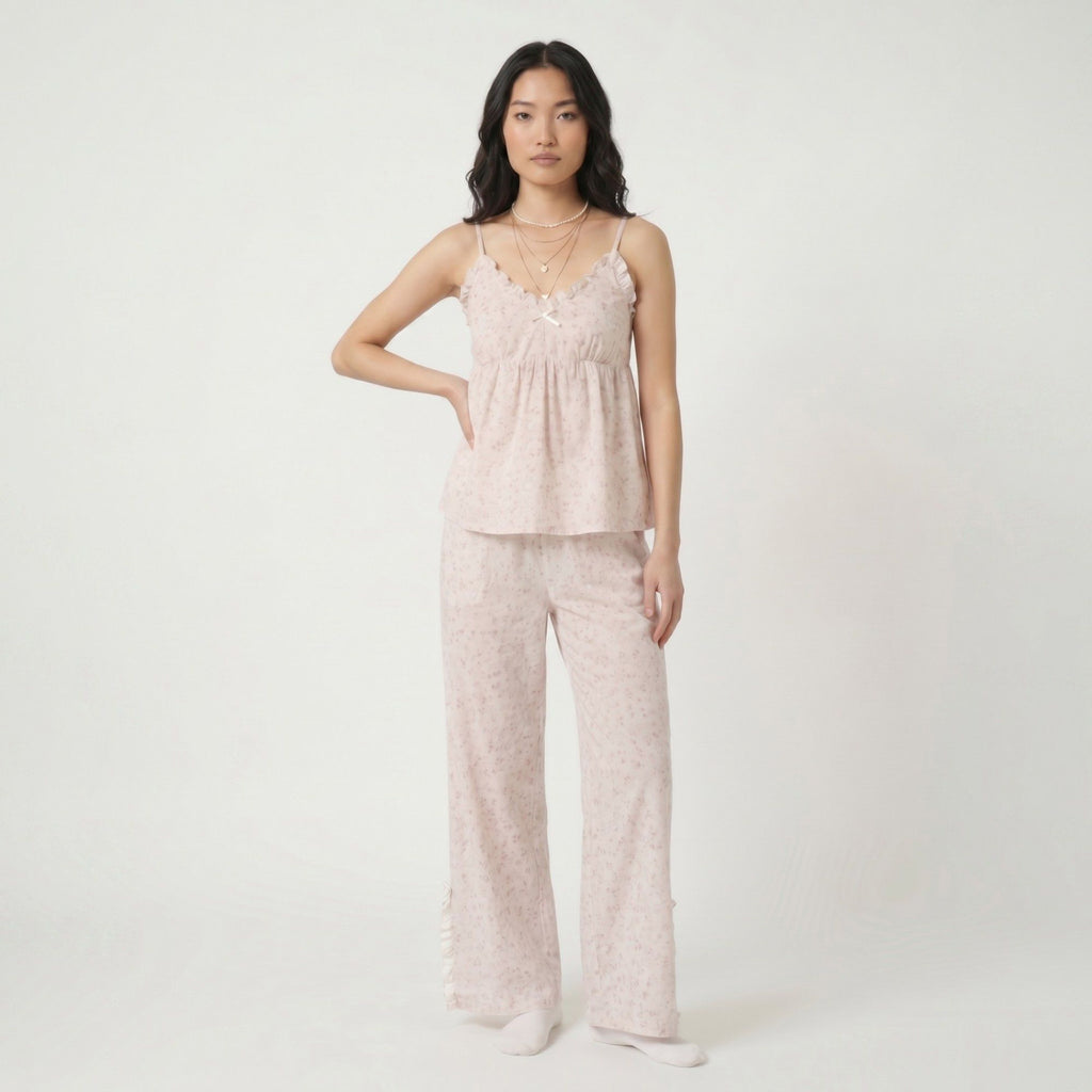 2-Piece Floral Ruffle Cami Top and Wide Leg Pants Sleepwear Lounge Set with Bow Detail and Relaxed Fit