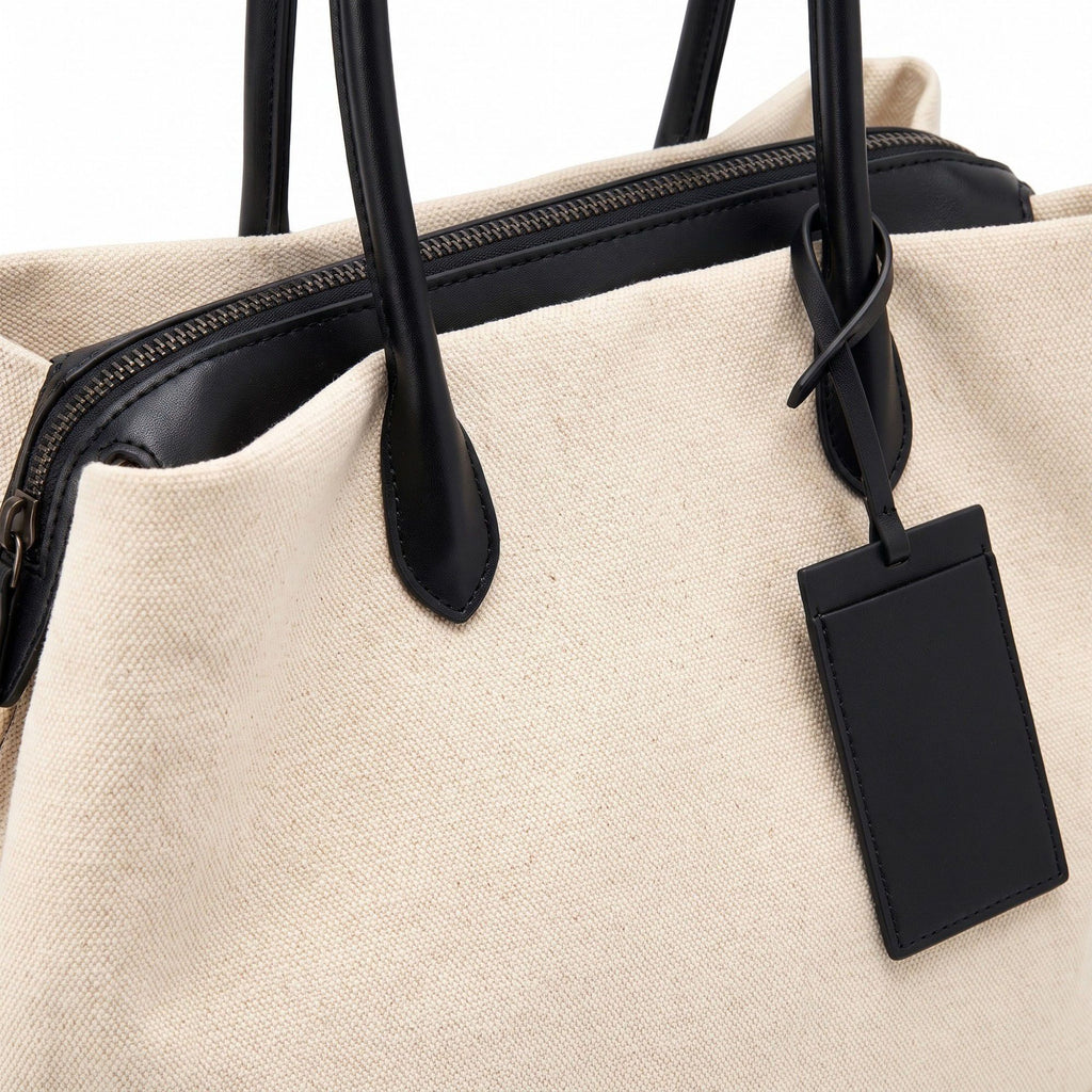 Large Textured Tote Bag with Double Handles and Zip Closure