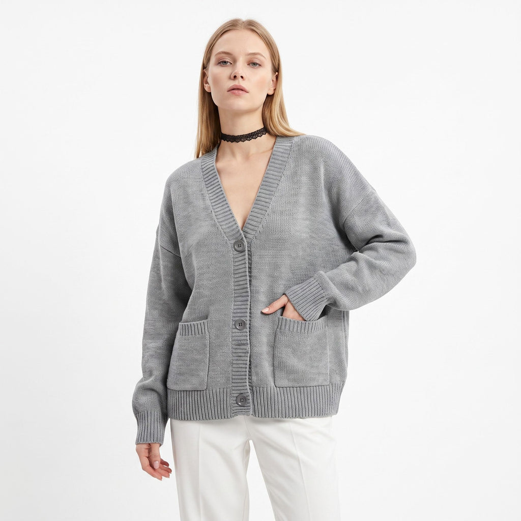 Oversized V Neck Button Front Cardigan with Pockets