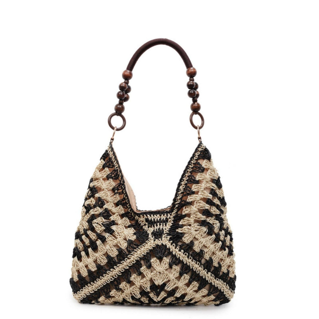 Woven Hobo Shoulder Bag with Beaded Handle and Magnetic Snap Closure