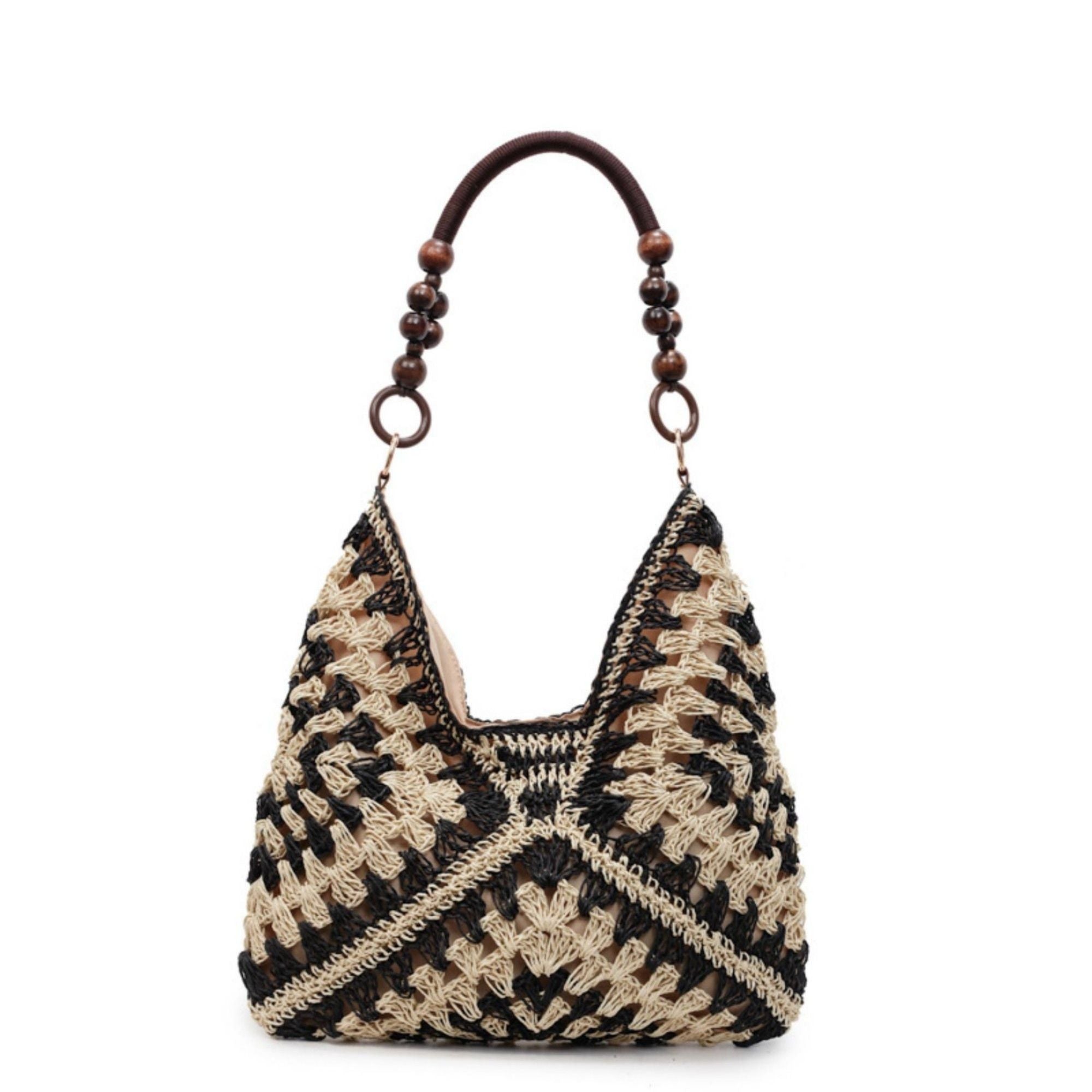 Woven Hobo Shoulder Bag with Beaded Handle and Magnetic Snap Closure