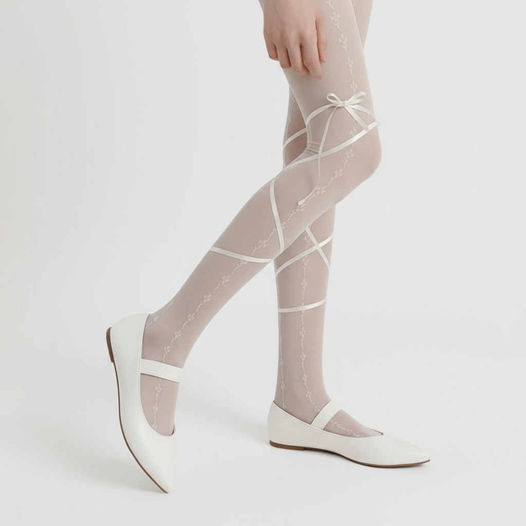 Anna-Kaci Women's Sheer Lace Pattern Tights with Ribbon Bow Wrap Detail and Stretch Fit