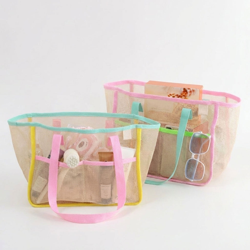 Mesh Tote Bag with Colorblock Trim and Shoulder Handles