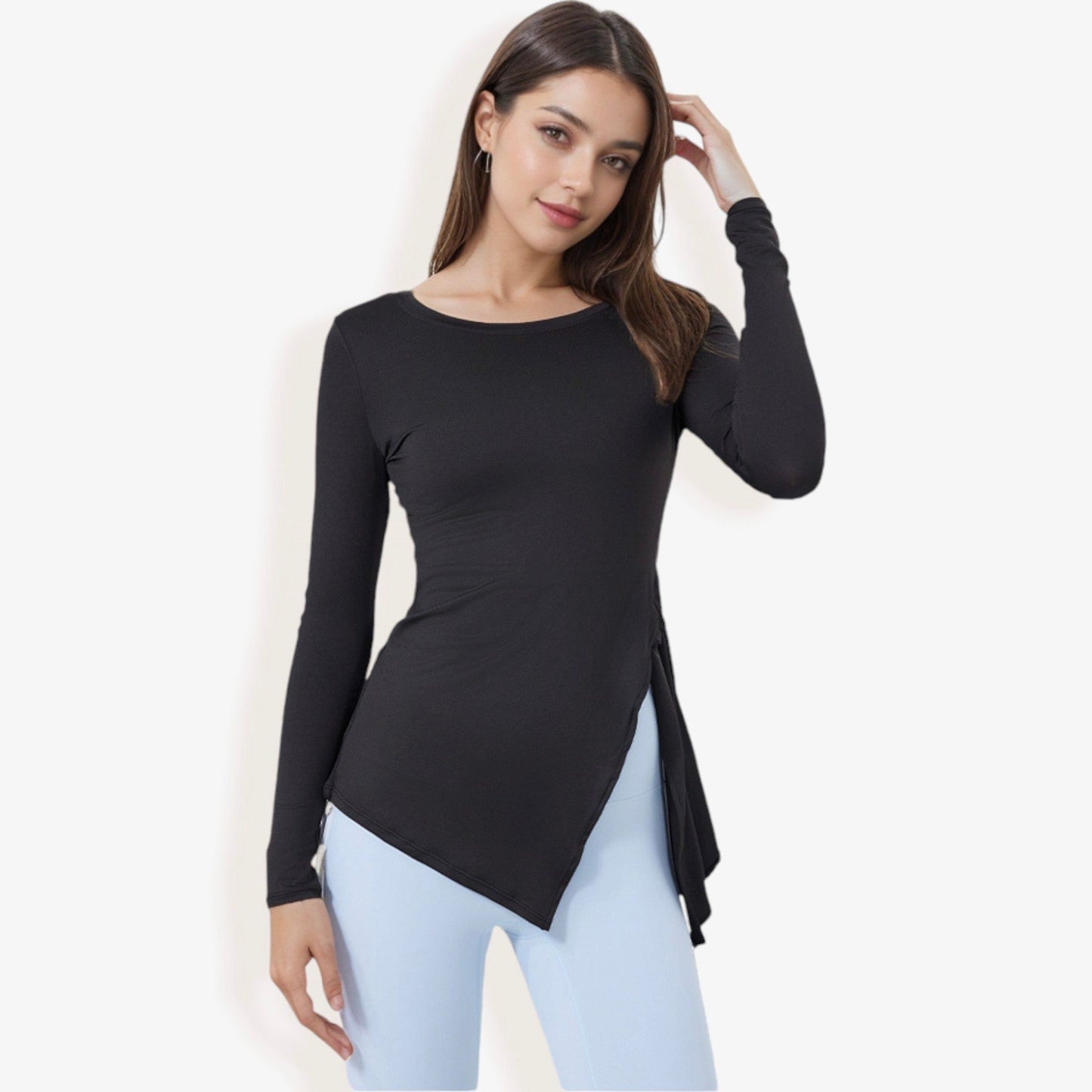 Long Sleeve Side-Tie Activewear Top with Asymmetric Hem