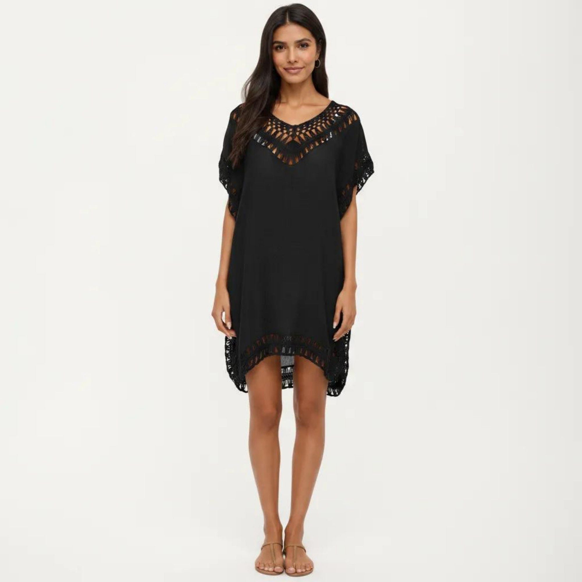 Anna-Kaci Women's Swim Cover Up Dress with Crochet Trim Short Sleeves Relaxed Lightweight Beach Caftan