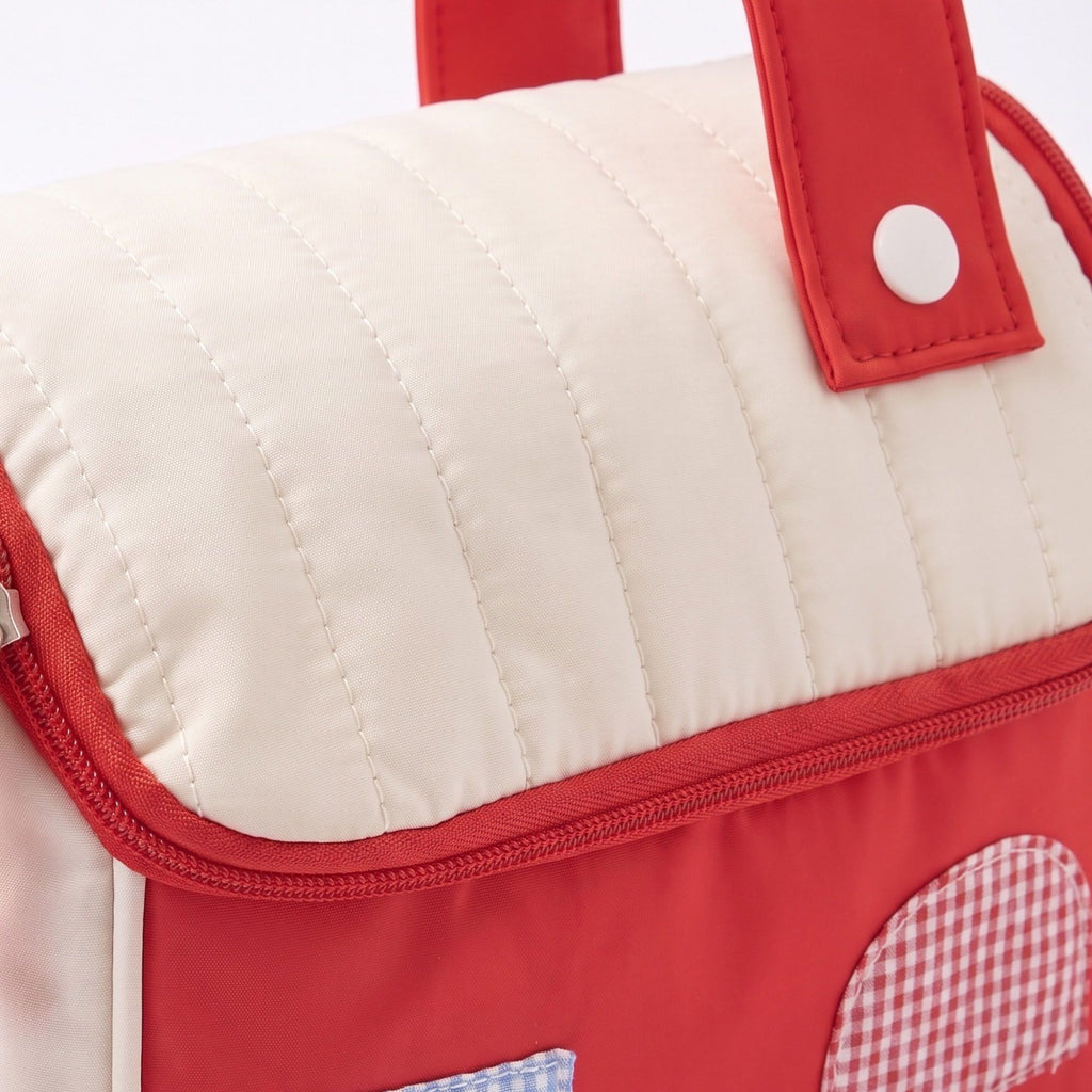 Womens Quilted Makeup Bag with Handle and Colorblock Patch Design