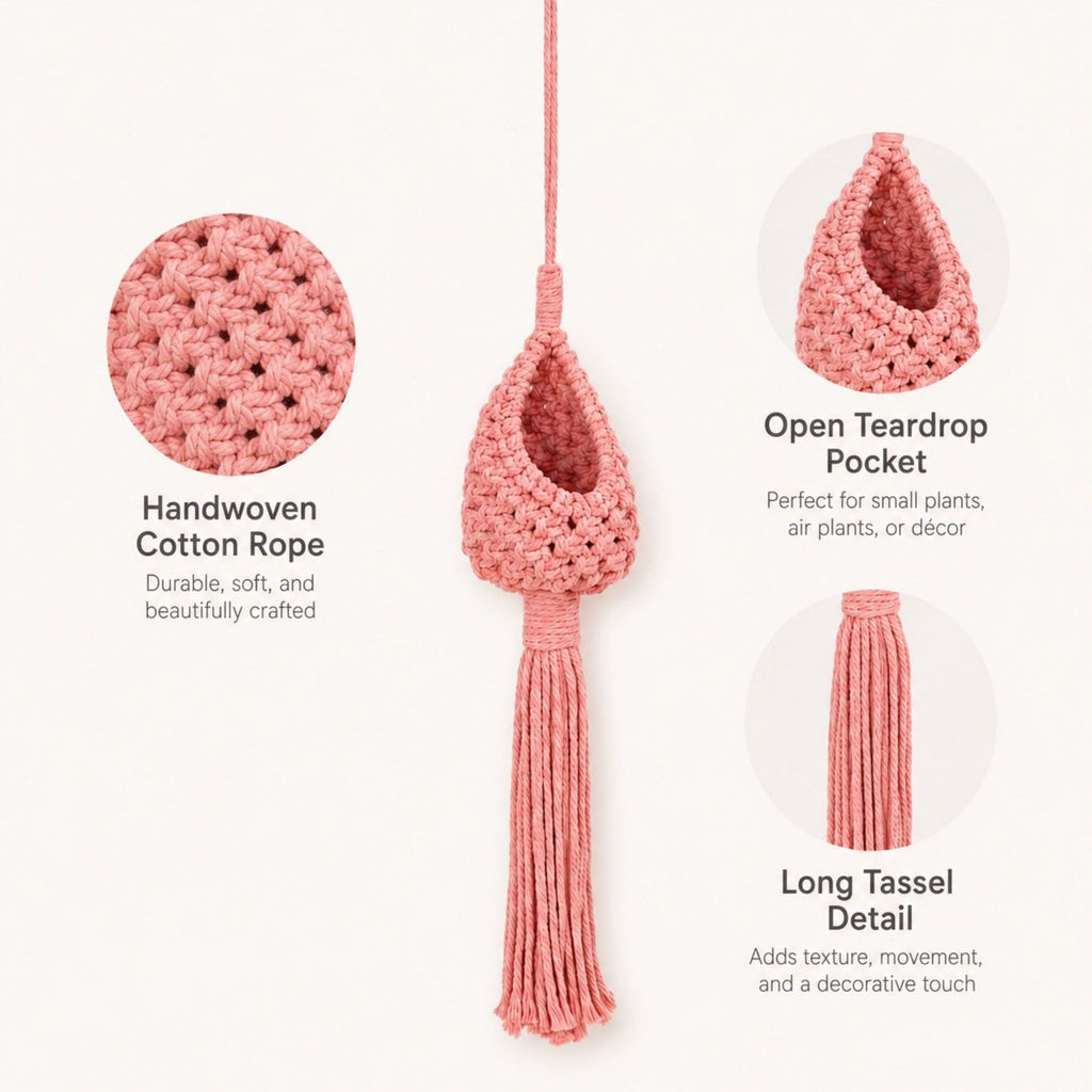 Macrame Hanging Basket with Wood Ring Tassel for Plant and Home Storage