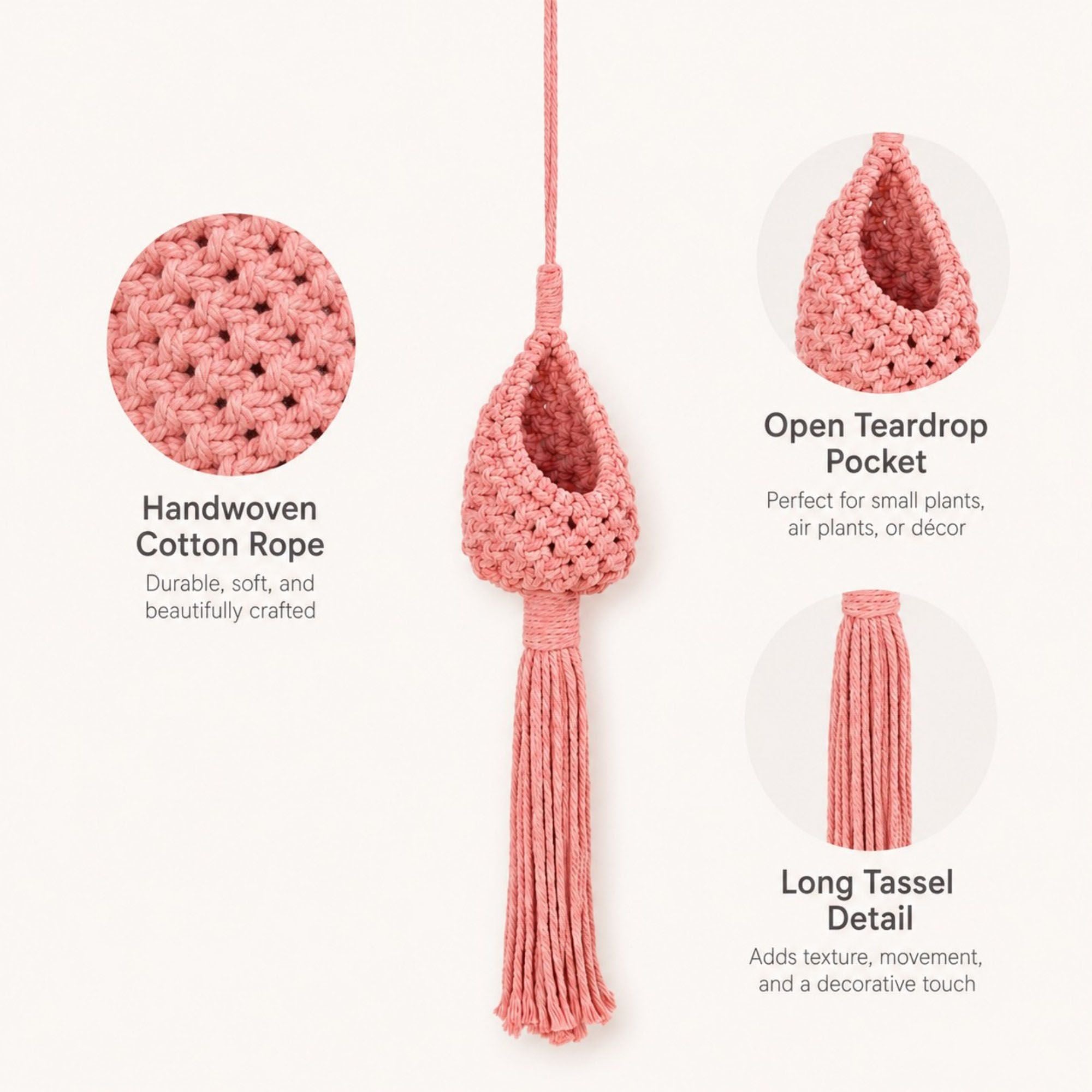 Macrame Hanging Basket with Wood Ring Tassel for Plant and Home Storage