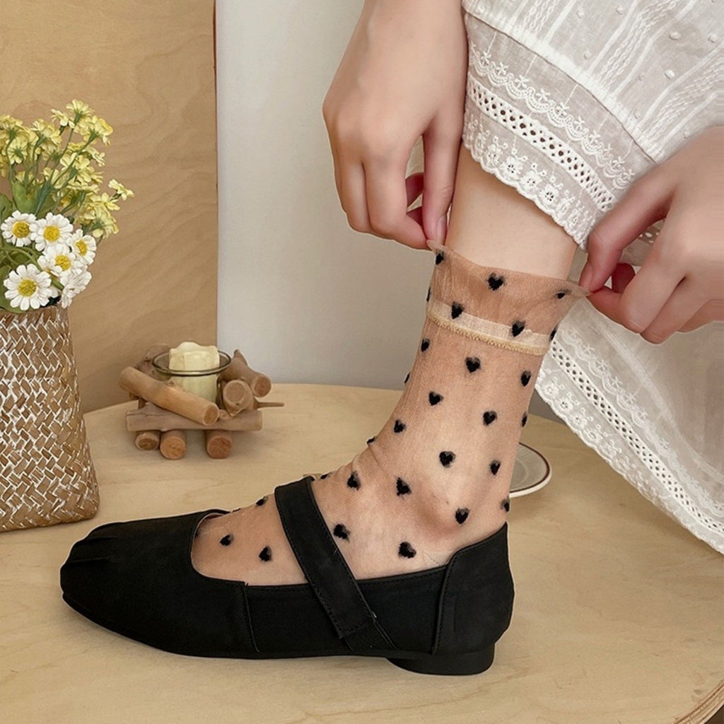 Anna-Kaci Women's Sheer Crew Socks with Flocked Heart Pattern and Reinforced Toe and Heel 2-Pack