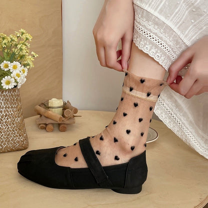 Anna-Kaci Women's Sheer Crew Socks with Flocked Heart Pattern and Reinforced Toe and Heel 2-Pack