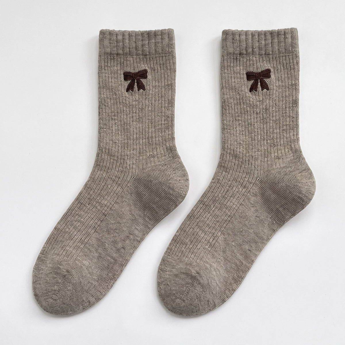 3-Pair Bow Embroidered Crew Socks Set, Ribbed Knit Casual Hosiery