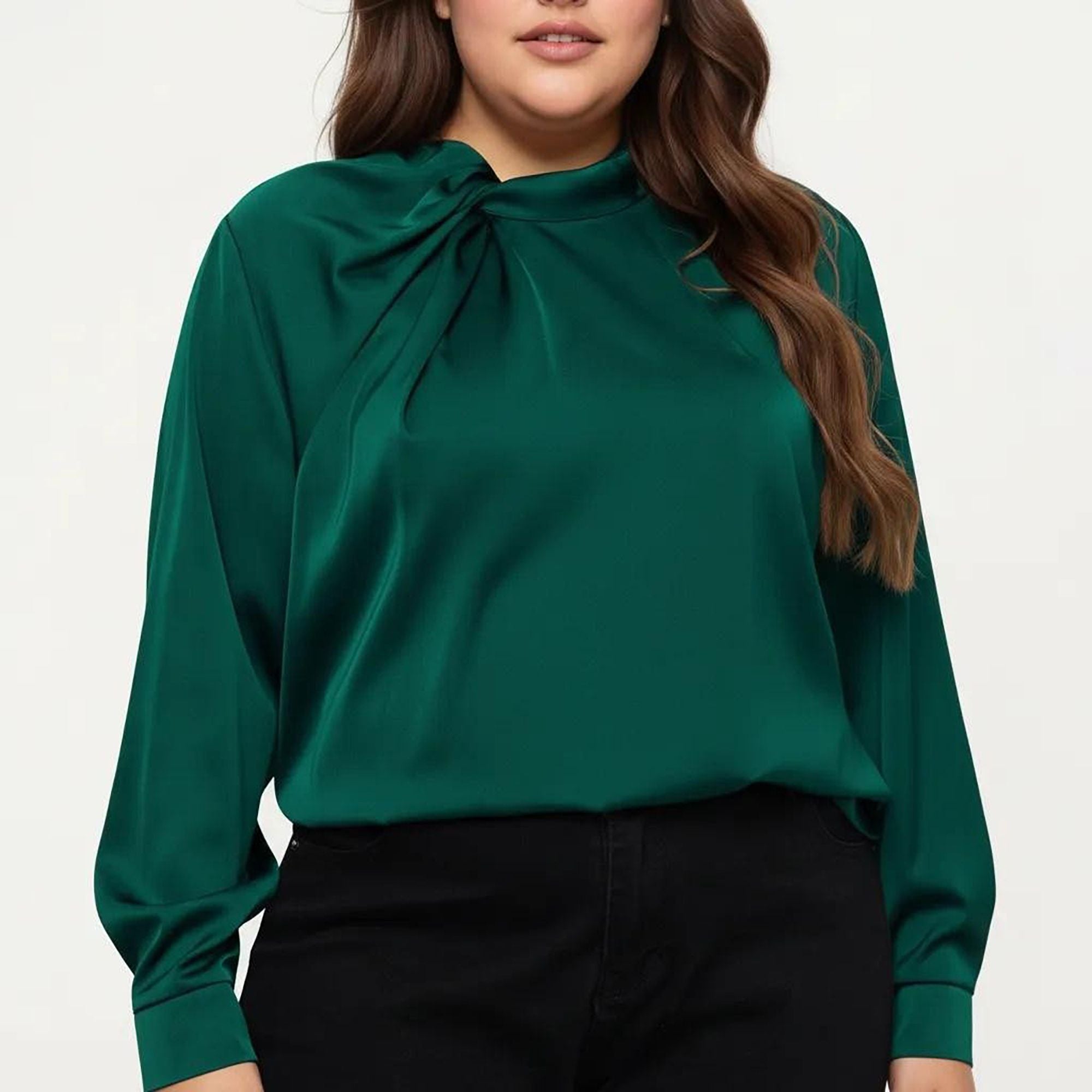 Anna-Kaci Women's Plus Size Long Sleeve Blouse with Tie Neck Detail Relaxed Fit Silky Smooth Fabric