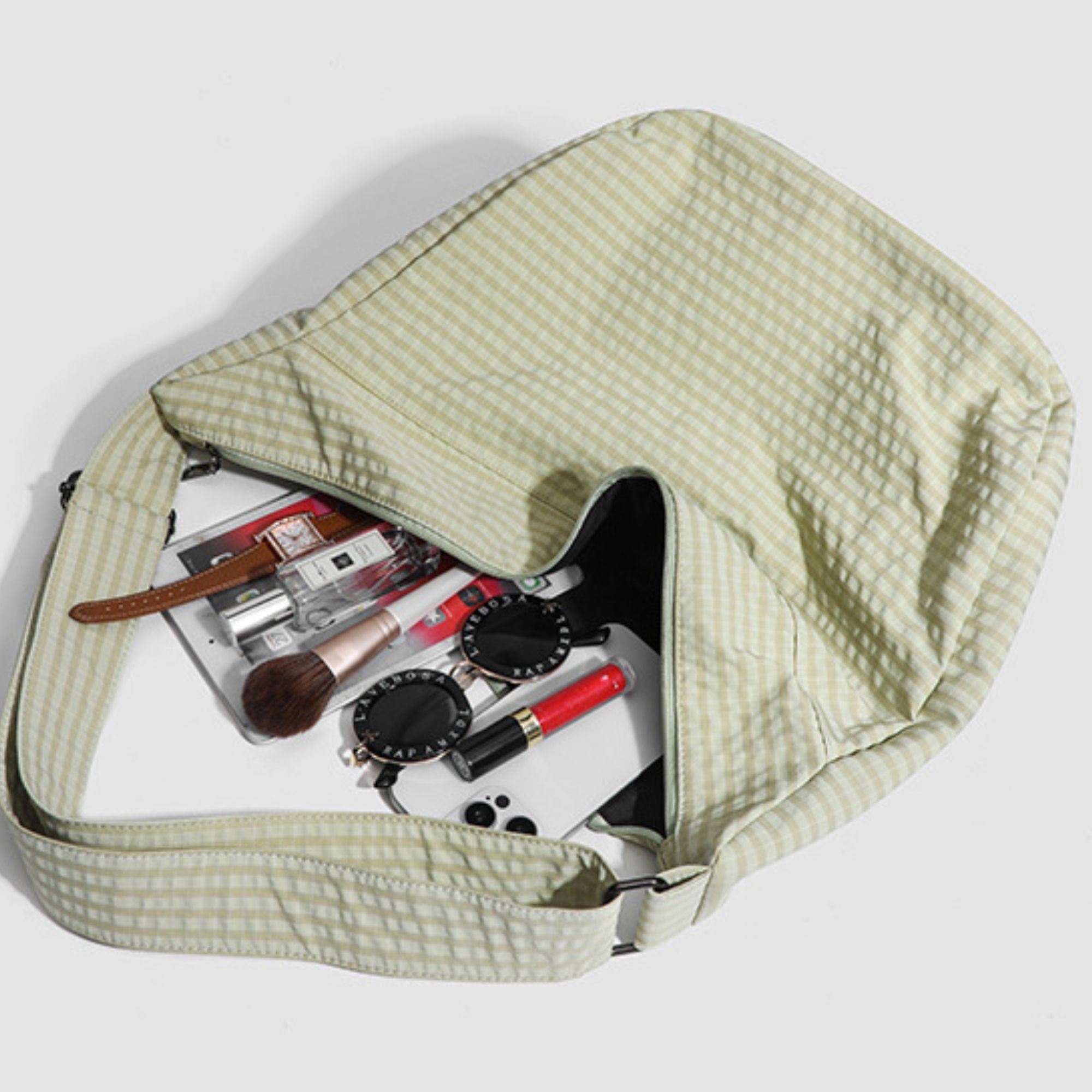 Plaid Hobo Shoulder Bag with Adjustable Strap and Zipper Closure