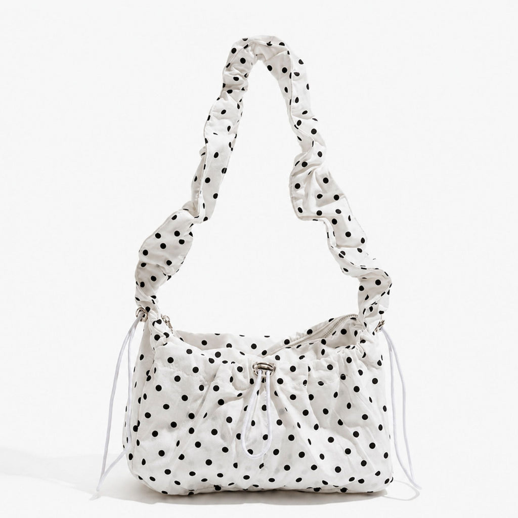 Polka Dot Cloud Shoulder Bag Ruched Drawstring Underarm Purse Sweet Ruffled Hobo Handbag