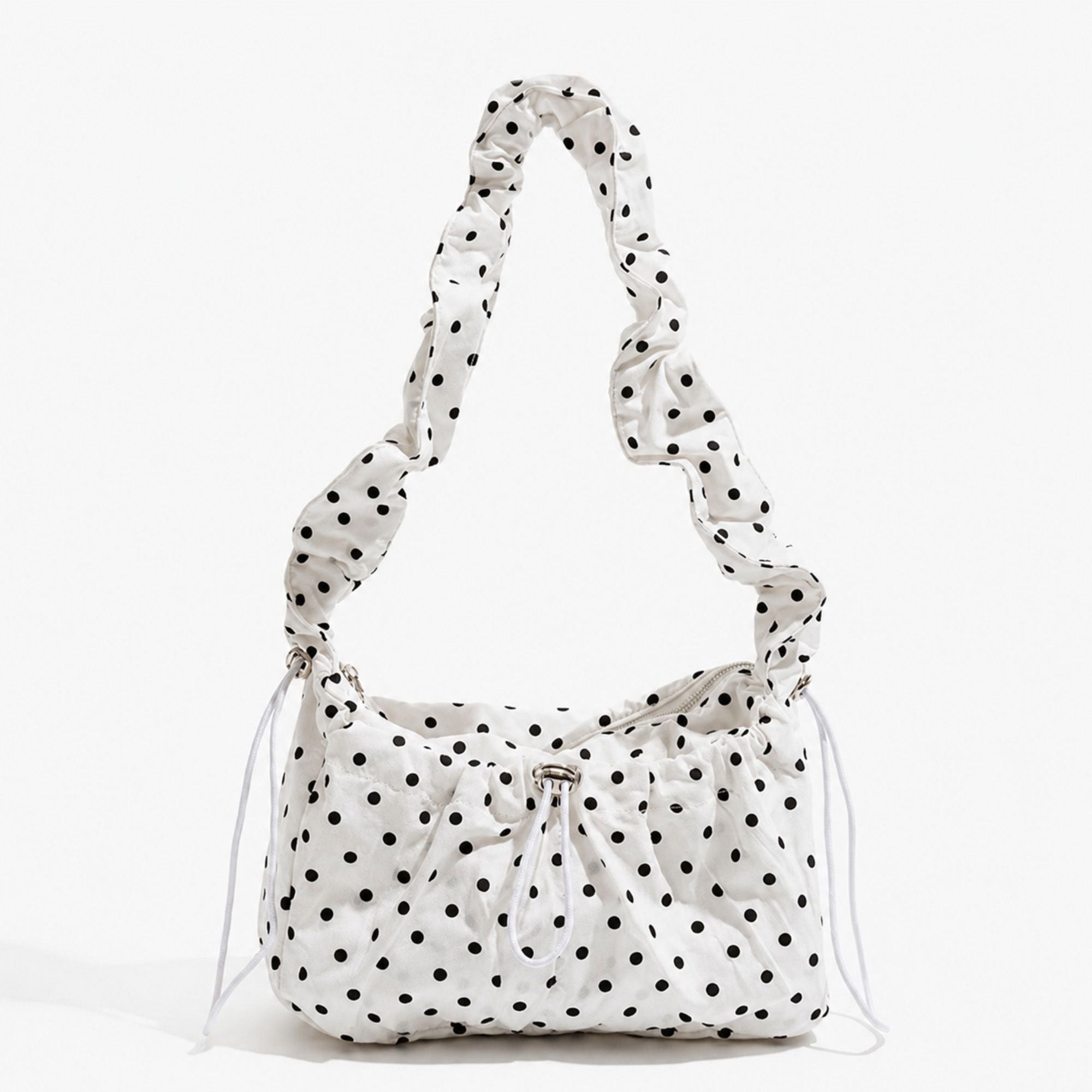 Polka Dot Cloud Shoulder Bag Ruched Drawstring Underarm Purse Sweet Ruffled Hobo Handbag