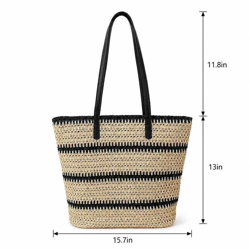 Open Weave Tote Bag with Contrast Stripe Zip Closure and Shoulder Handles