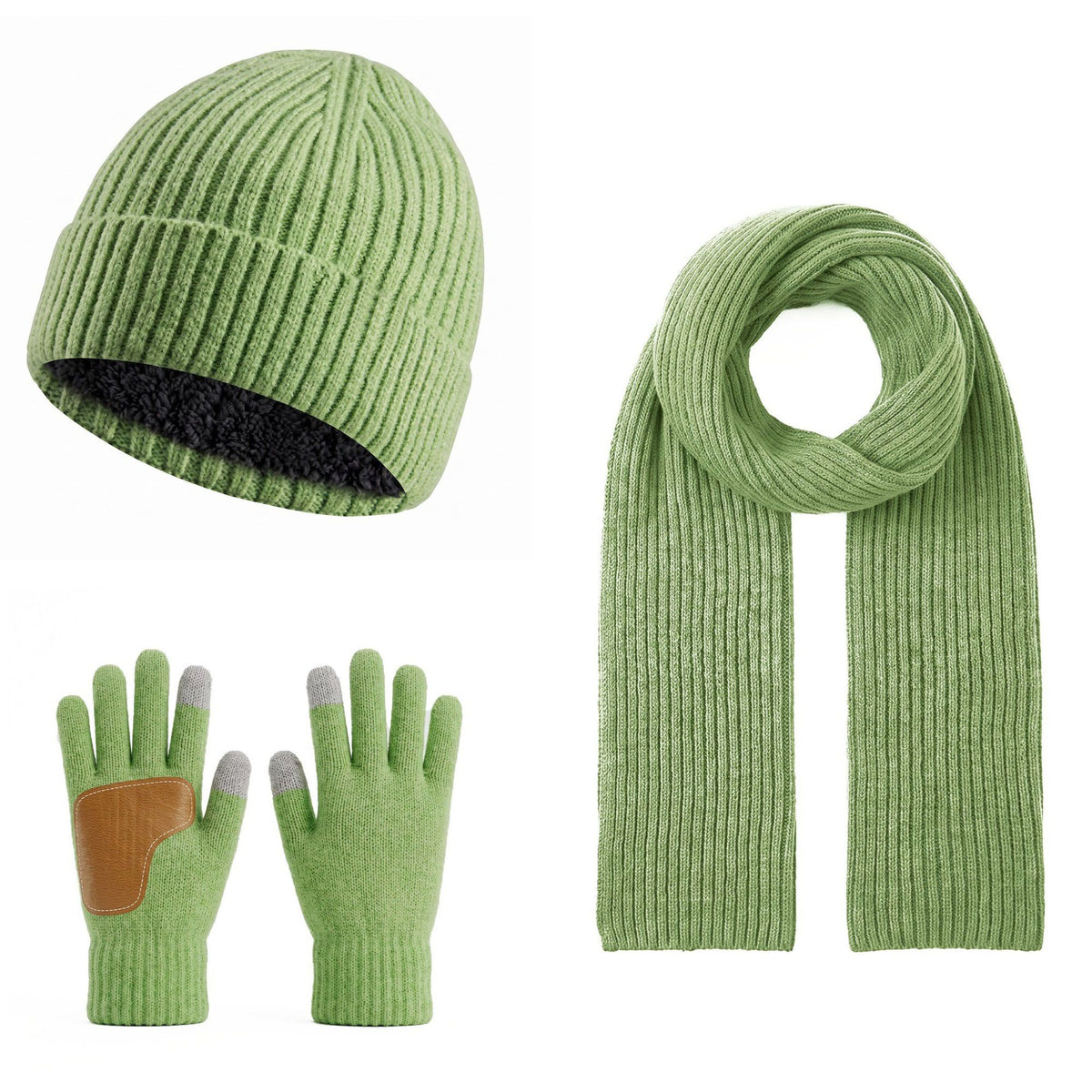3 Piece Ribbed Knit Beanie Scarf and Touchscreen Gloves Set