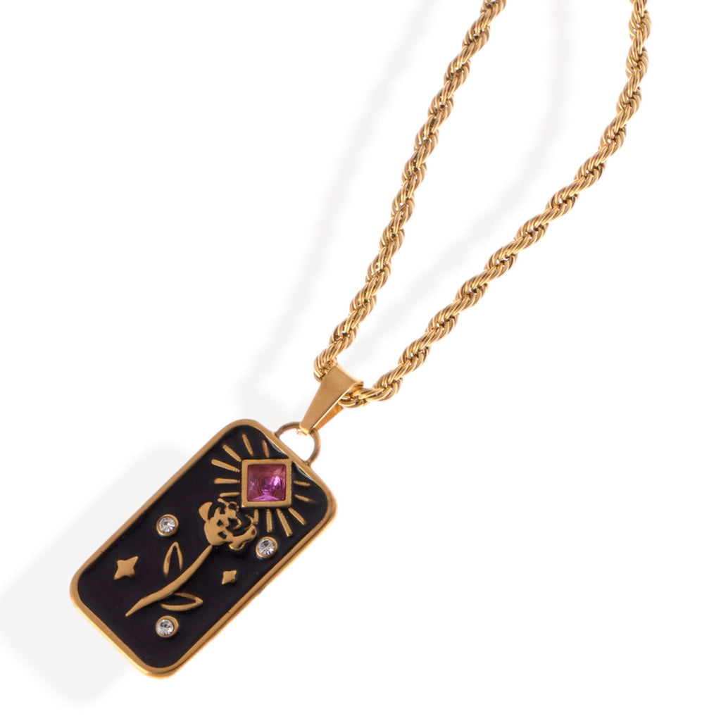 Women's Gold Tone Rope Chain Fashion Necklace with Enamel Pendant and Gemstone Accent