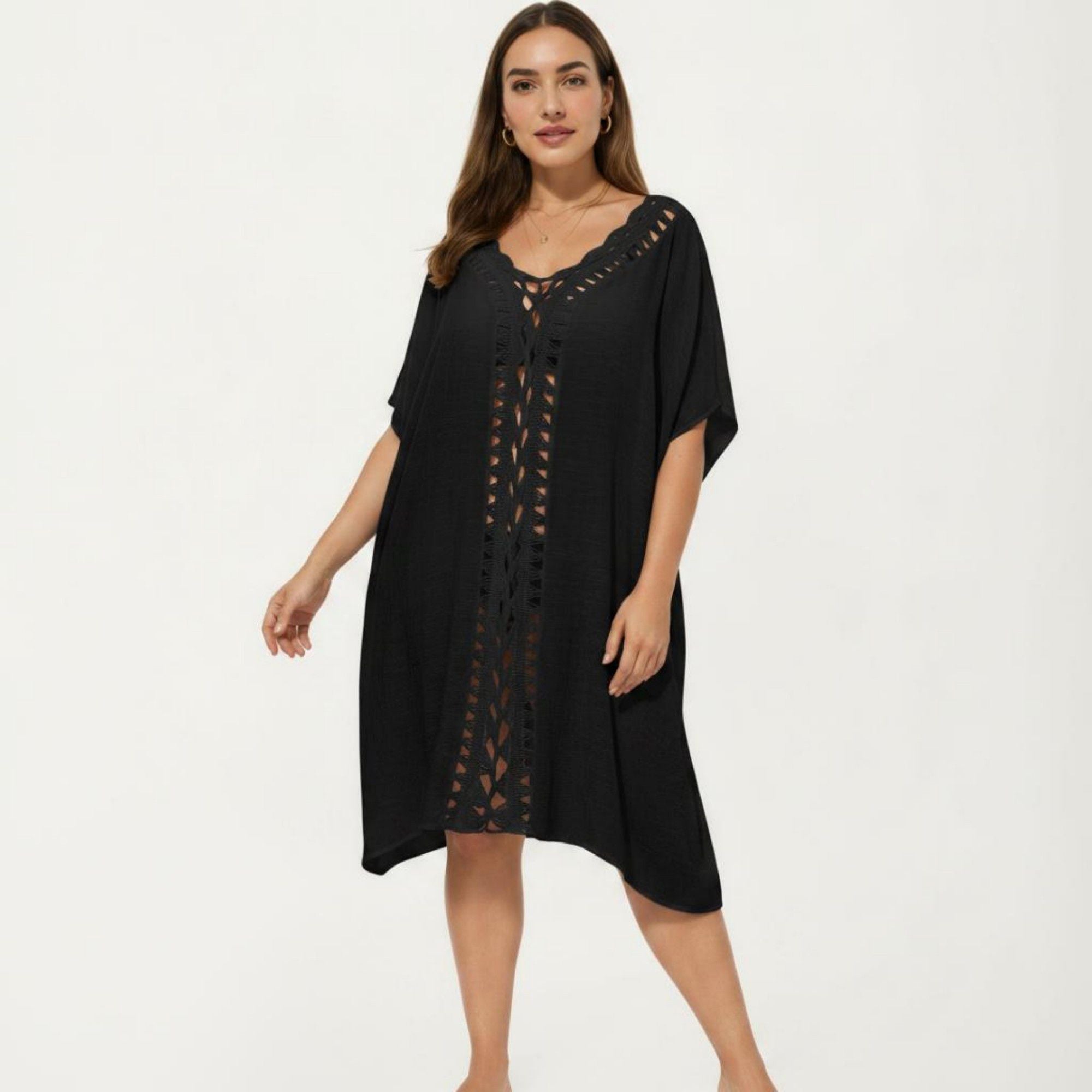 Anna-Kaci Women's Swim Cover Up Kaftan Dress with Crochet Cutout Trim Loose Short Sleeves Relaxed Midi Fit