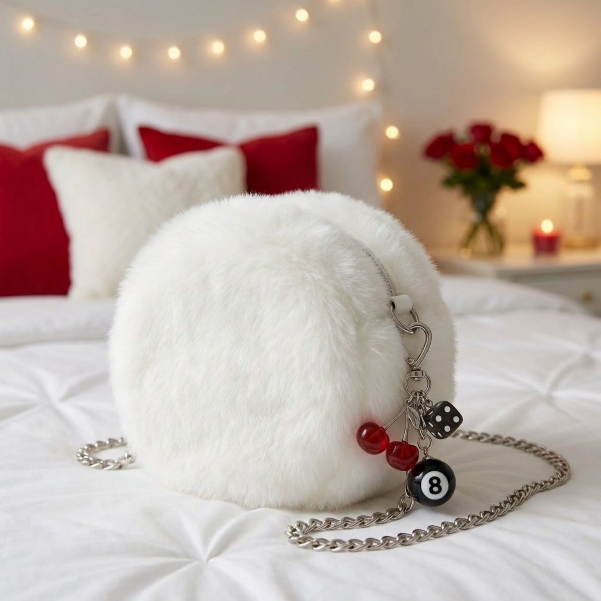 8 Ball Cherry Dice Charm Keychain with Heart Clip Novelty Bag Charm Key Ring Accessory
