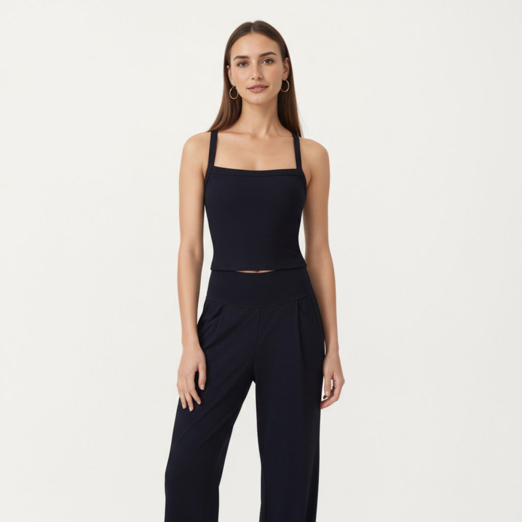 Anna-Kaci Active Women's Square Neck Ribbed Knit Cropped Tank Top with Wide Shoulder Straps