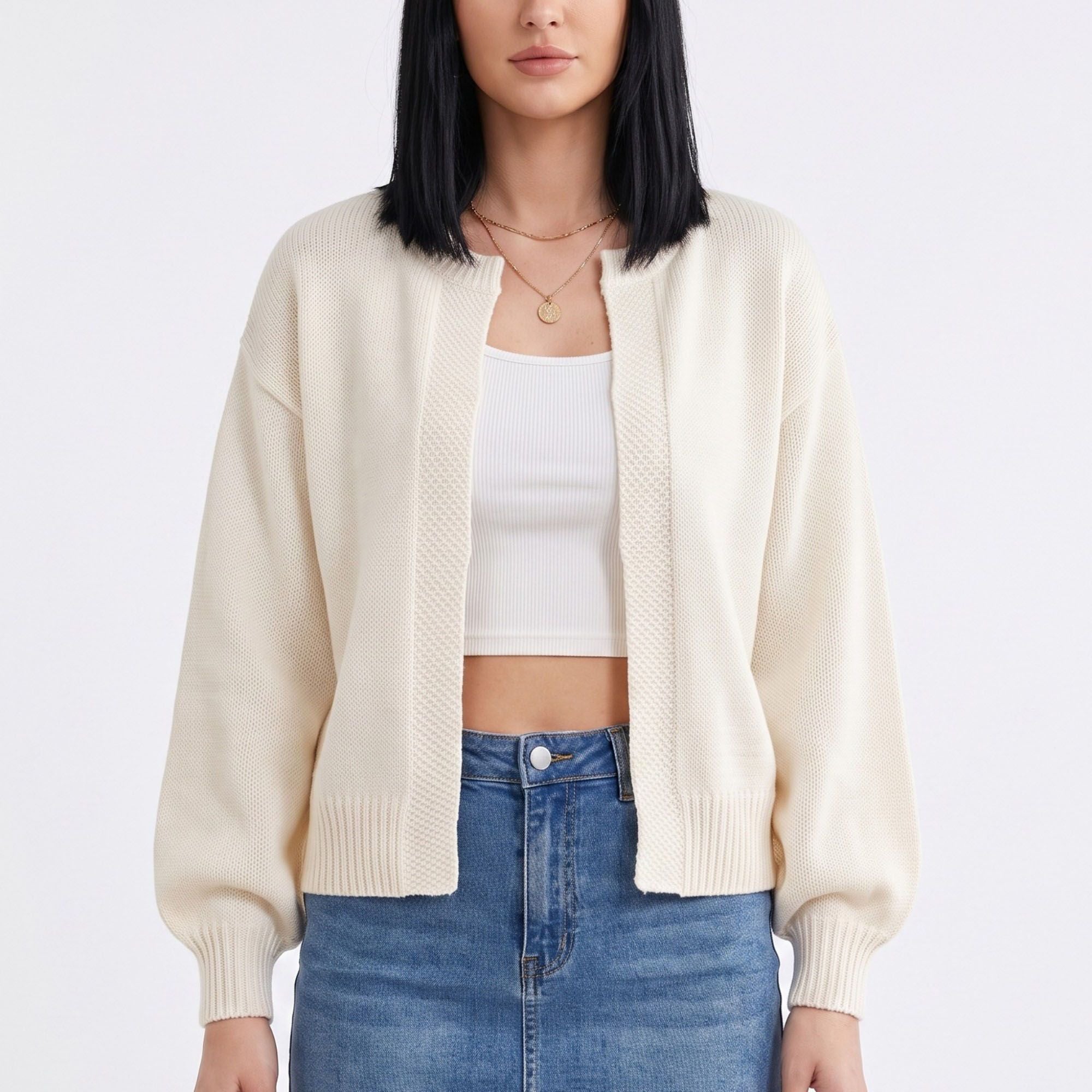 Open-Front Drop Shoulder Long Sleeve Knit Cardigan
