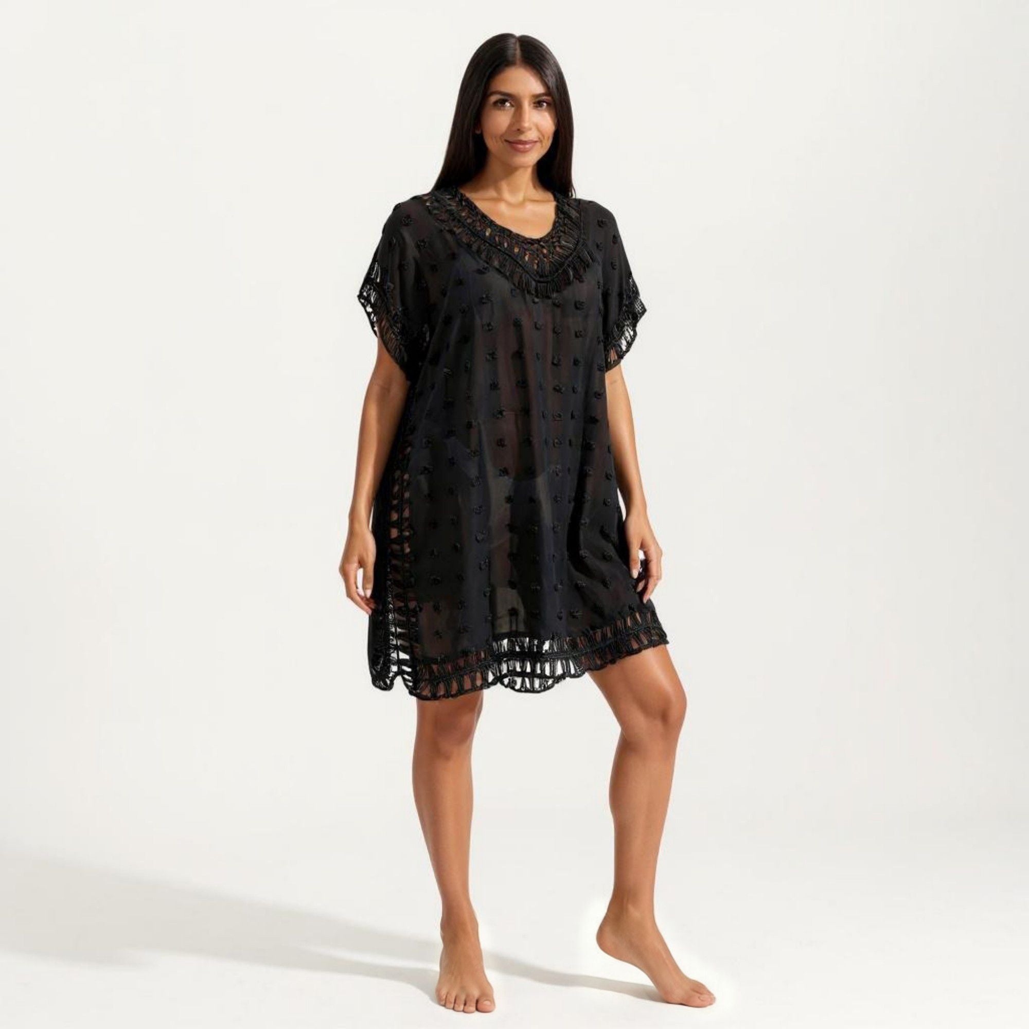 Anna-Kaci Women's Sheer Crochet Trim Cover Up Dress with Tassel Detail Relaxed Fit and Short Sleeves