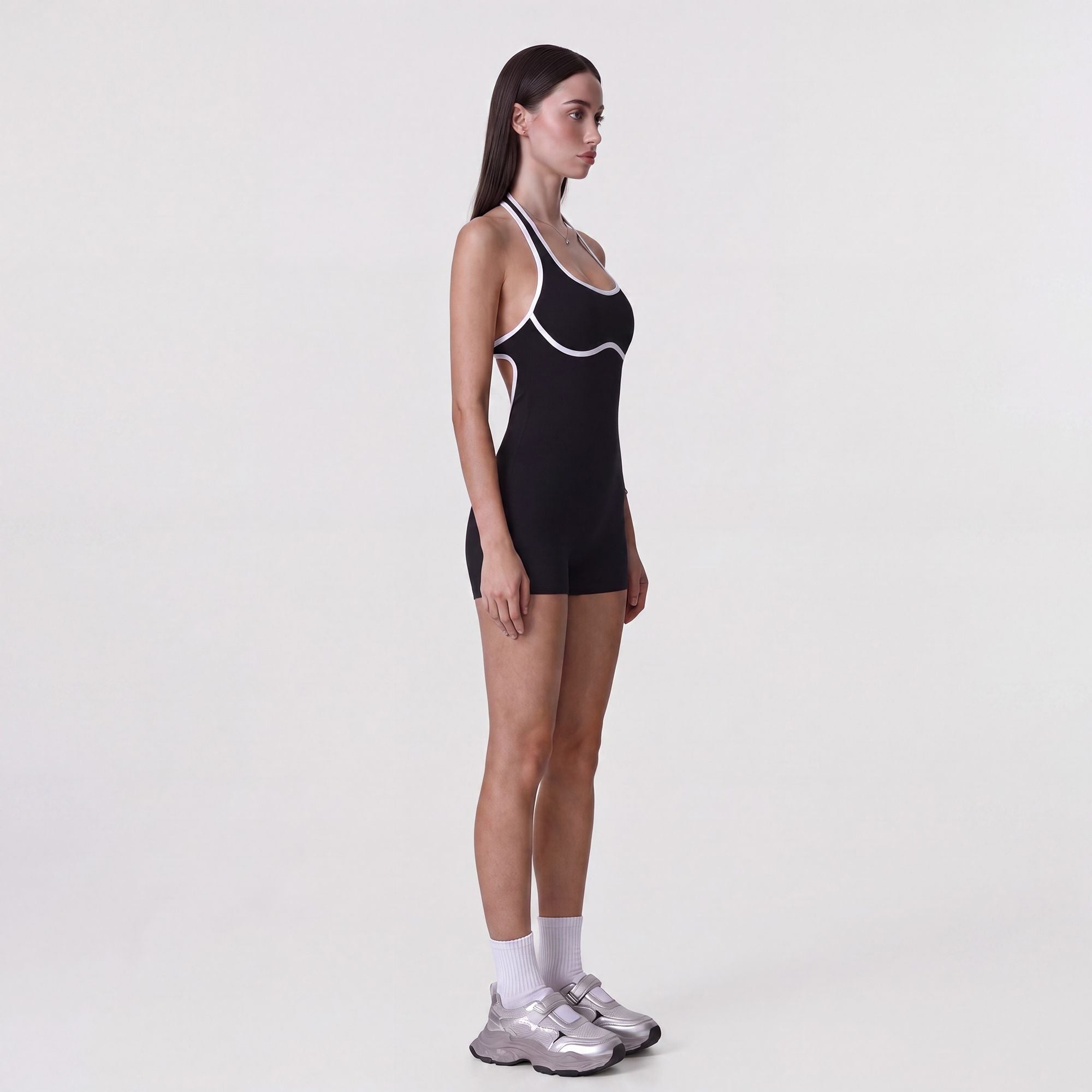 Sleeveless Active Romper with Built In Bra Halter Neck Contrast Trim and Fitted Shorts