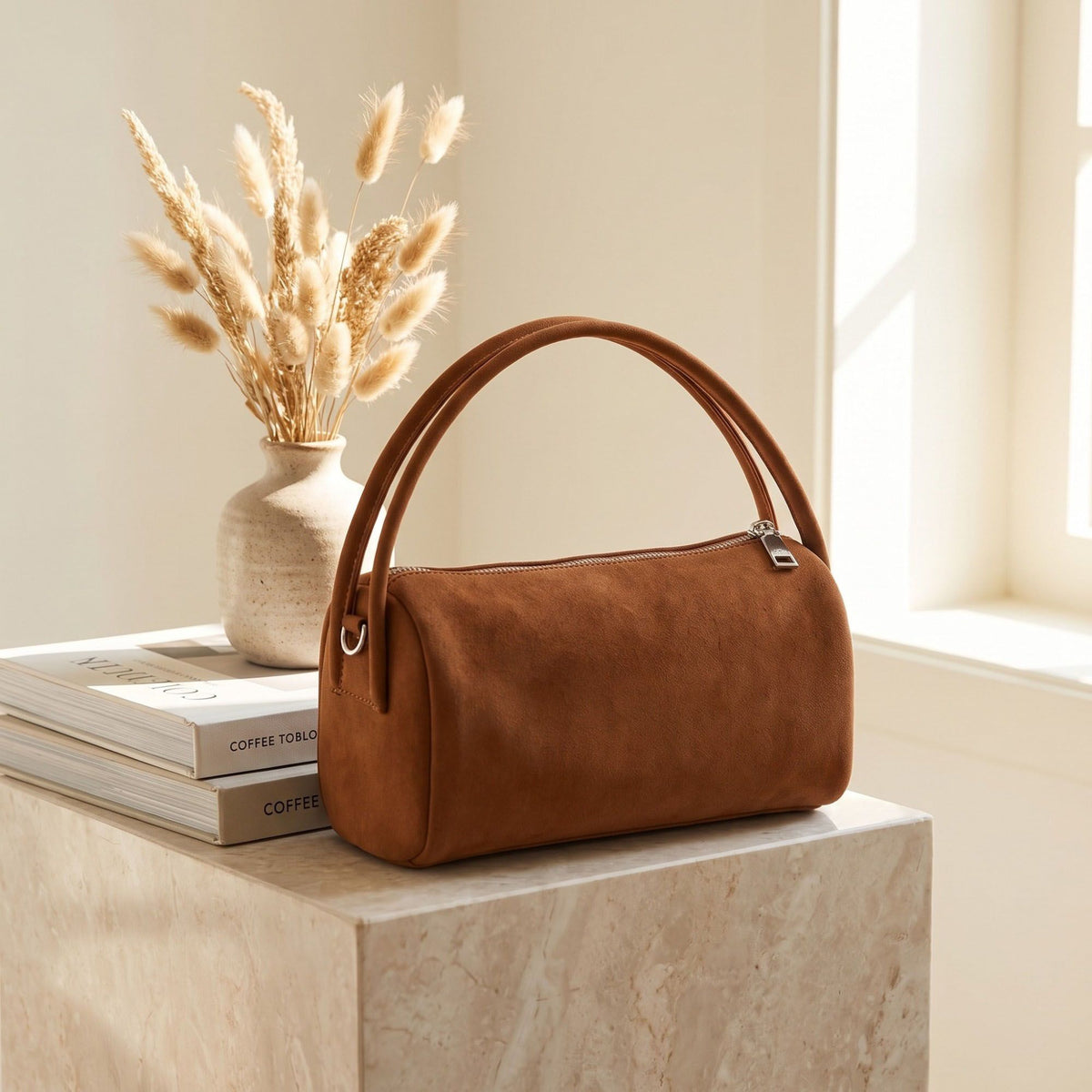 Faux Suede Satchel Bag with Detachable Crossbody Strap Beige