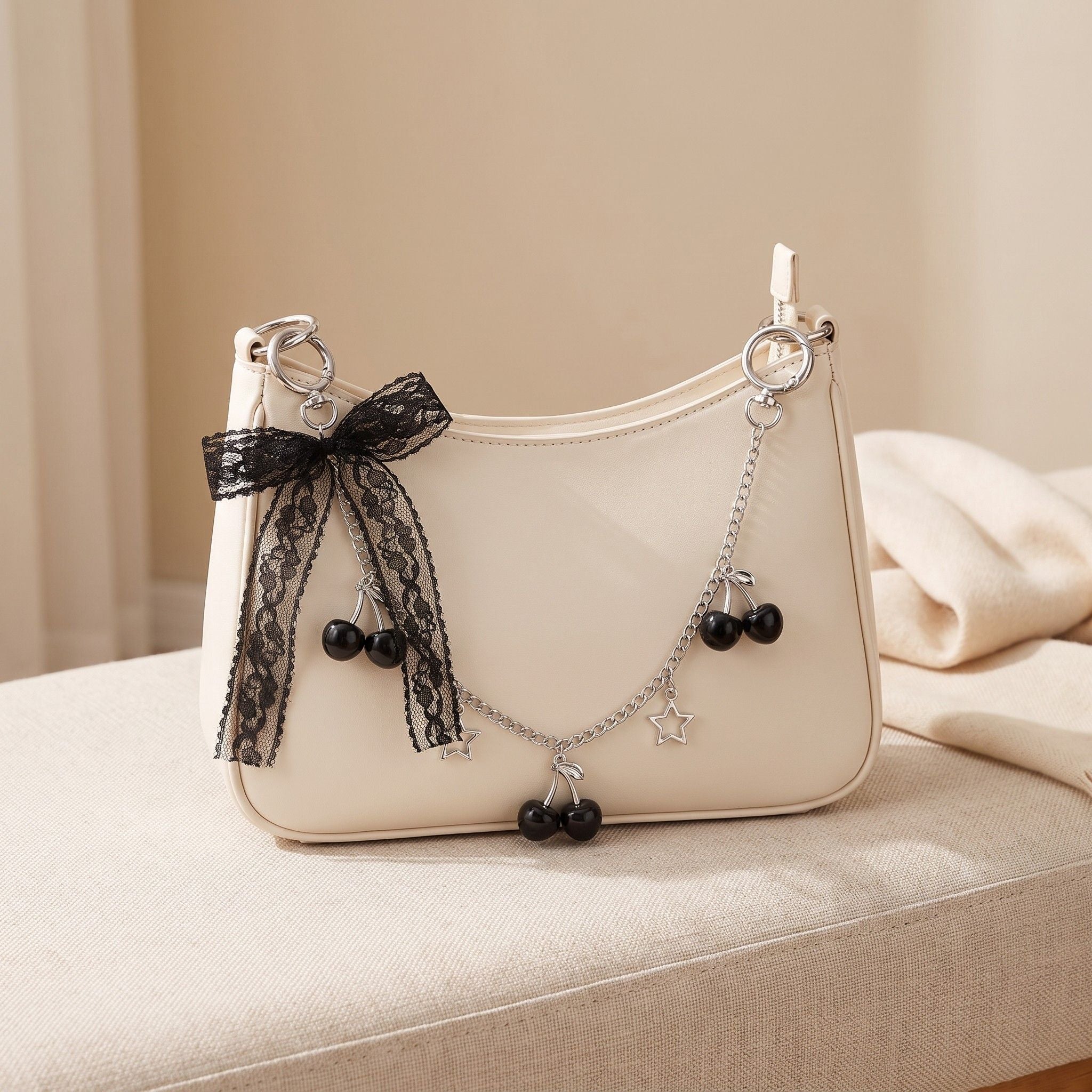 Lace Bow Cherry Bag Chain Charm with Heart Accents and Double Ring Clasps
