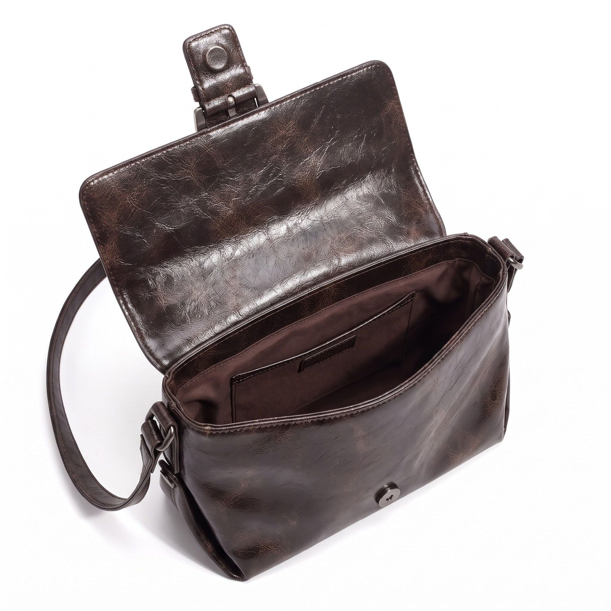 Distressed-Look Flap Shoulder Bag with Metal Clasp