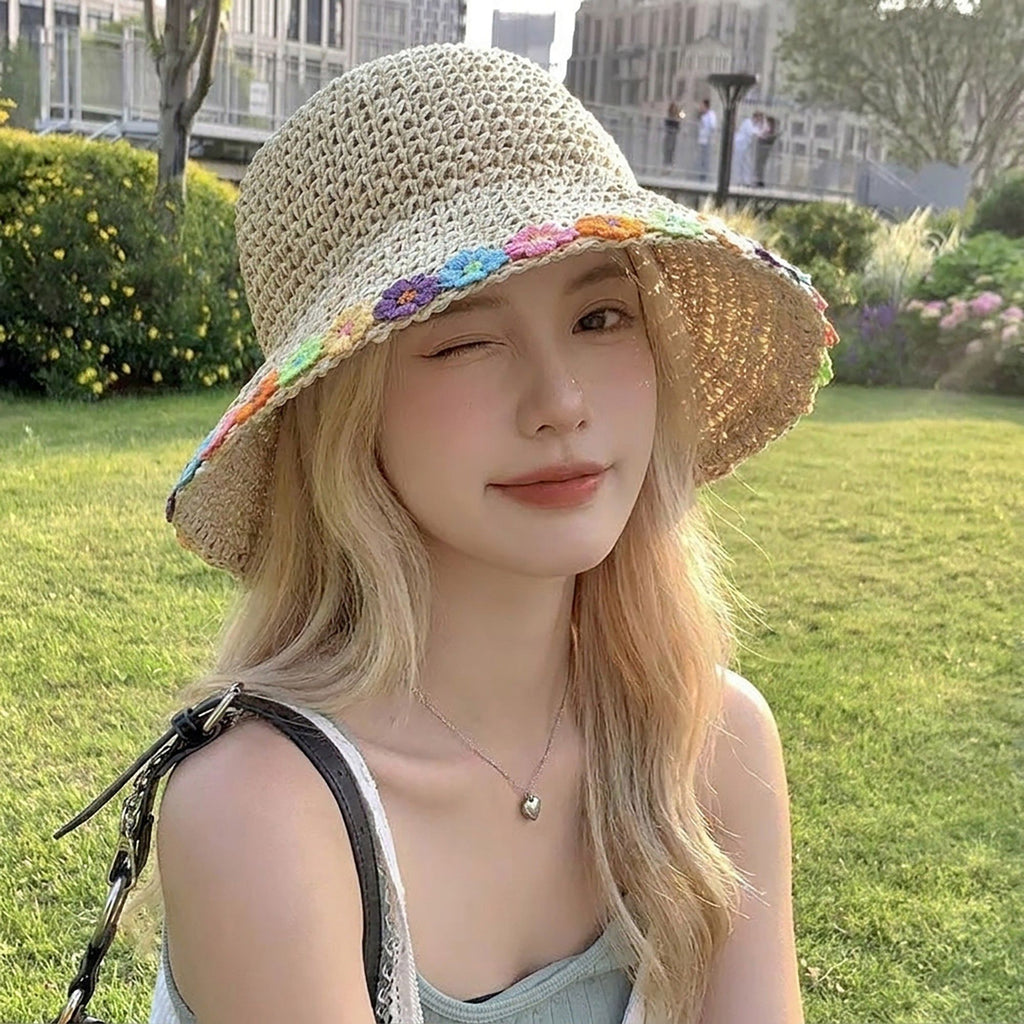 Crochet Bucket Sun Hat with Floral Applique Trim and Soft Brim Design