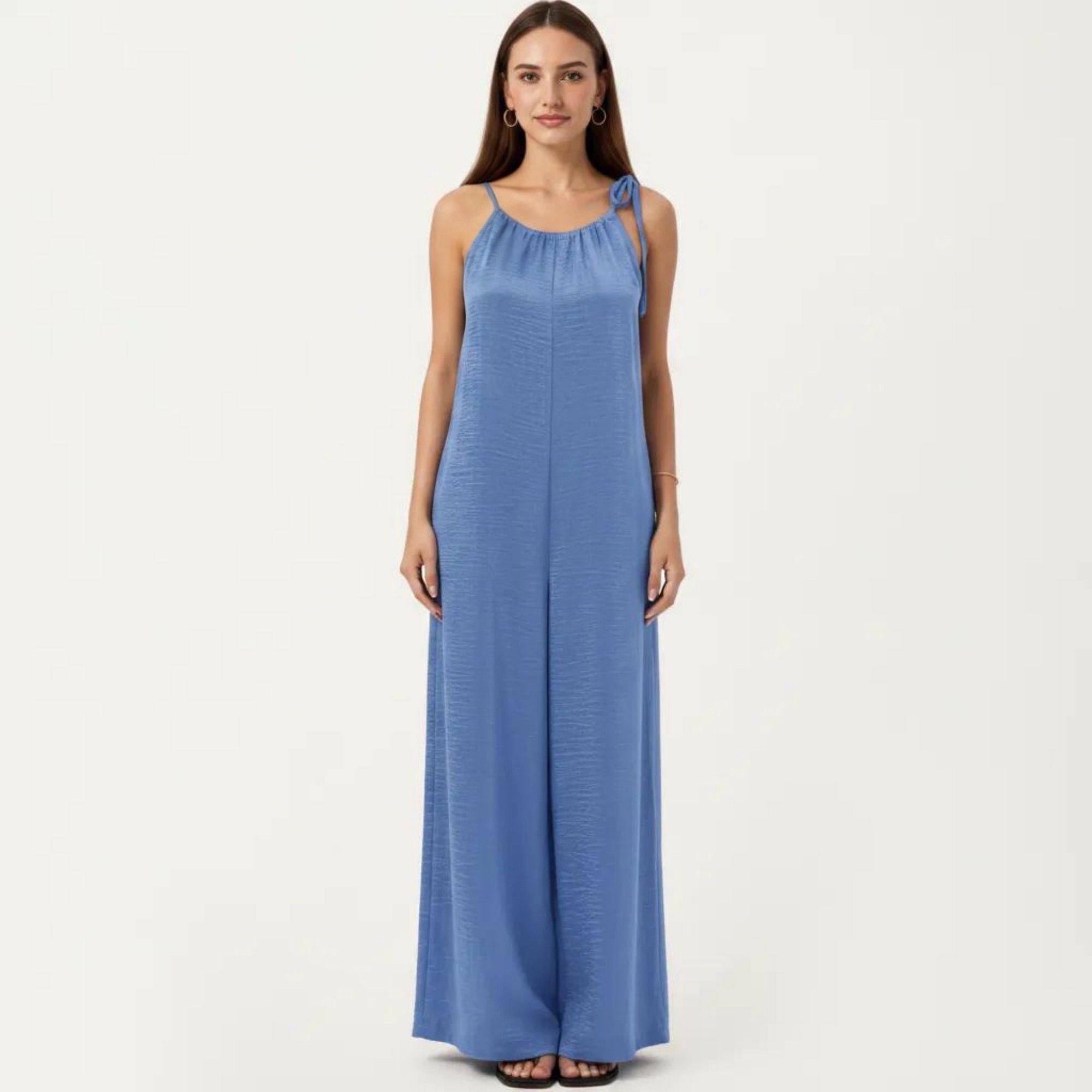 Anna-Kaci Women's Tie Strap Wide Leg Jumpsuit with Soft Satin Finish