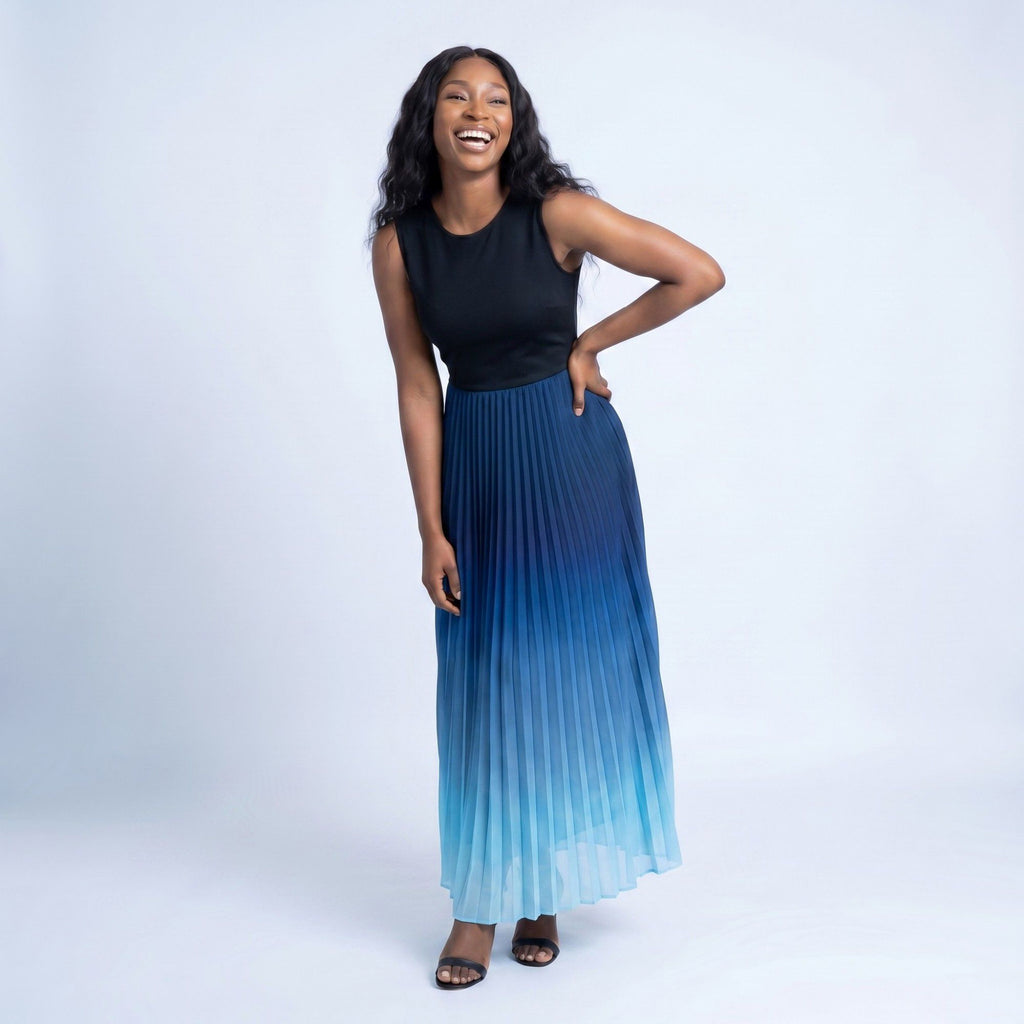 Anna-Kaci Women's Sleeveless High Neck Pleated Ombre A-Line Maxi Dress with Flowy Skirt