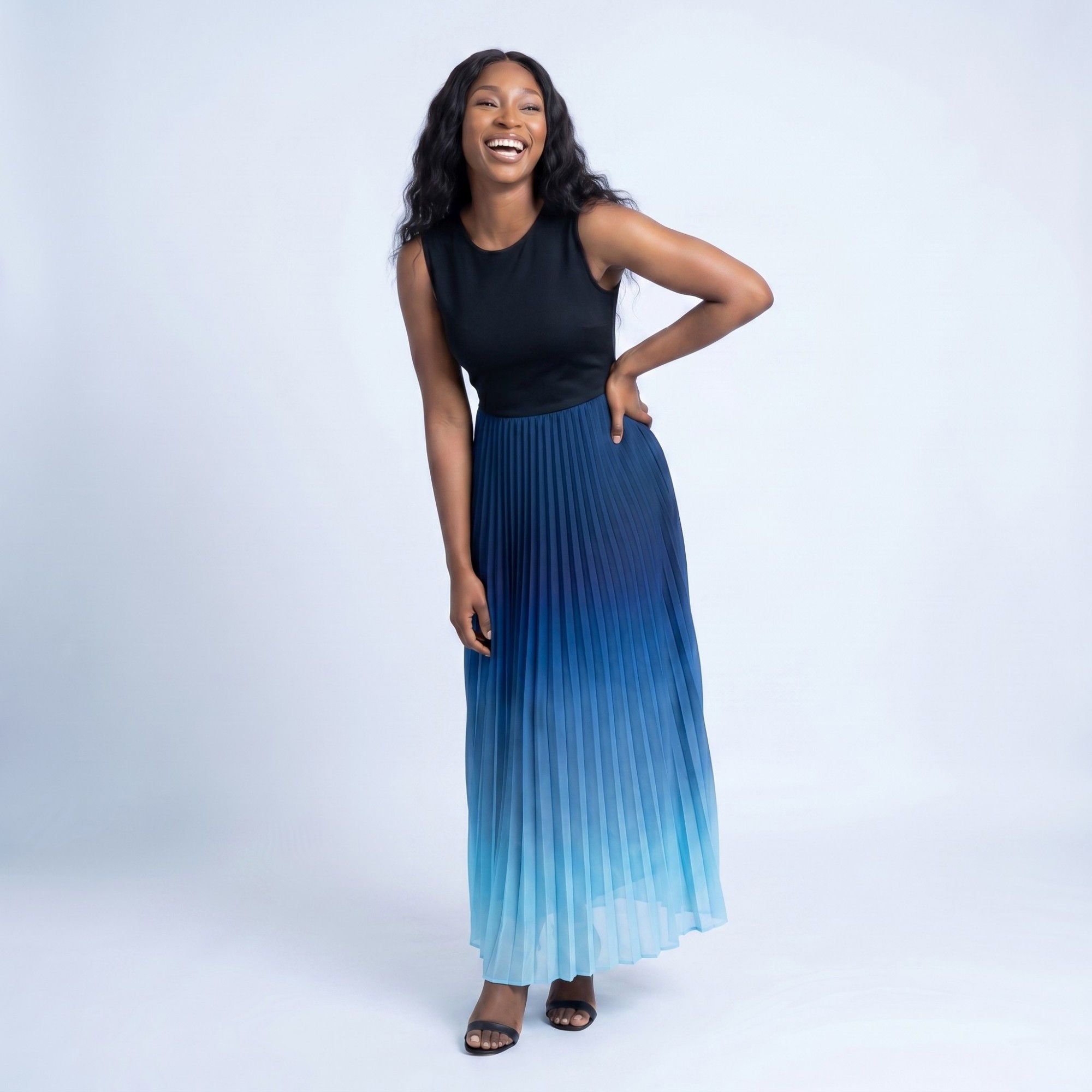 Anna-Kaci Women's Sleeveless High Neck Pleated Ombre A-Line Maxi Dress with Flowy Skirt