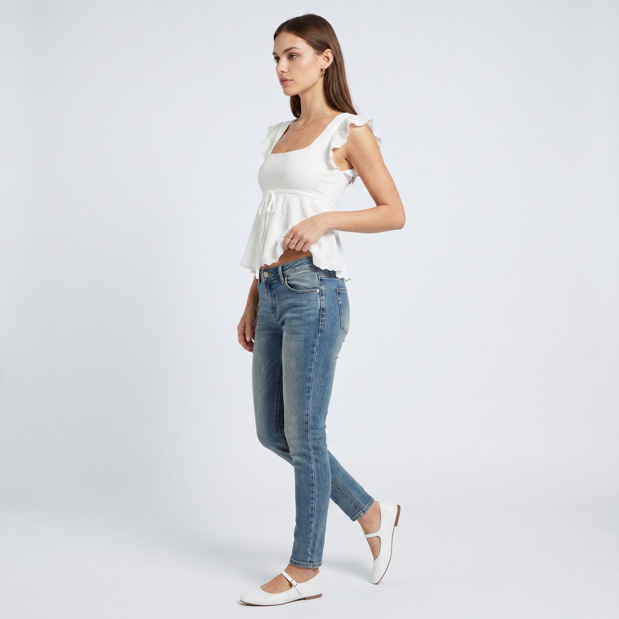 Anna-Kaci Women's Square Neck Peplum Top with Ruffle Sleeves and Front Tie Detail