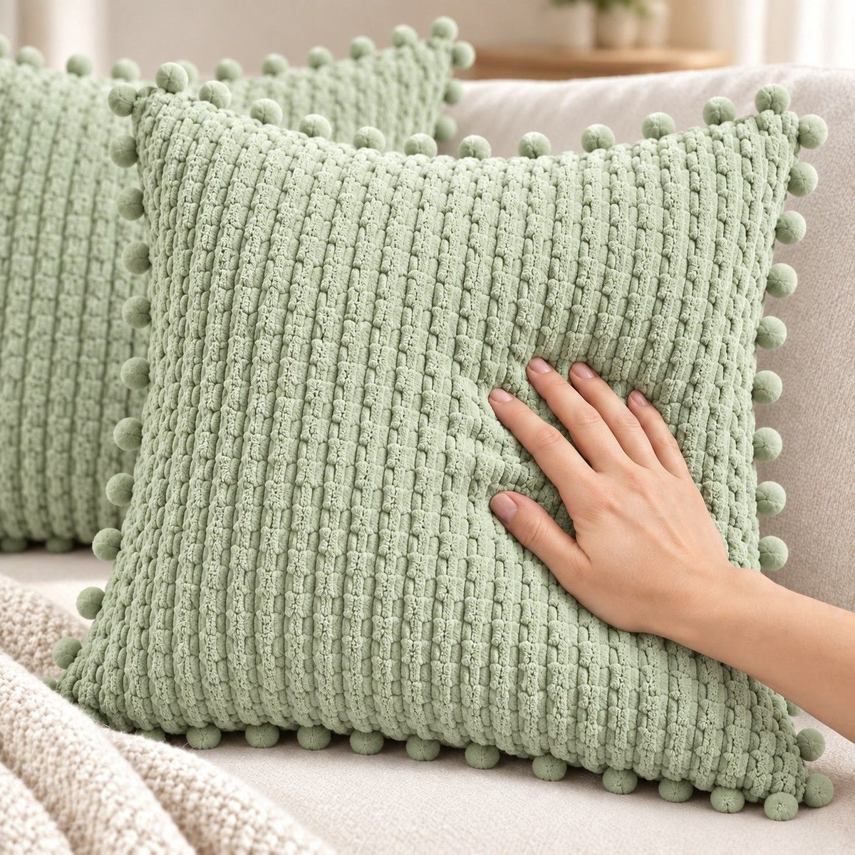 2 Pack Double Sided Corduroy Throw Pillow Covers 18 x 18 Inch with Pom Pom Trim