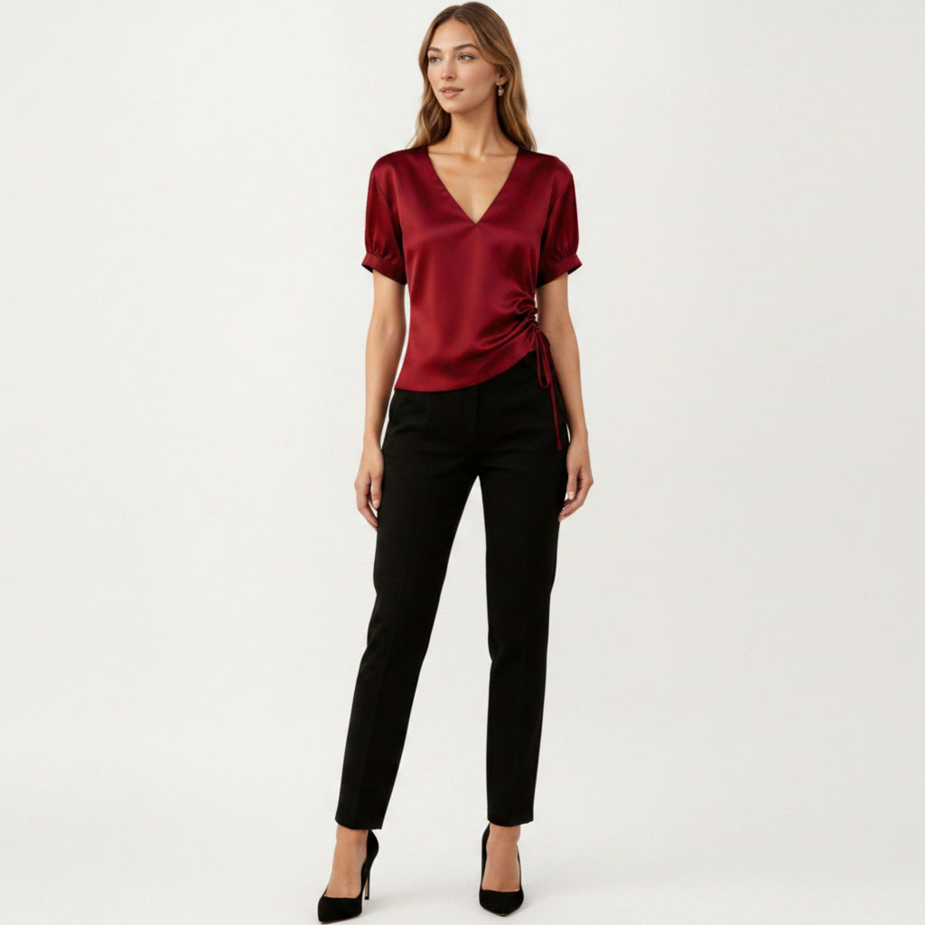 Anna-Kaci Women's Satin V Neck Blouse with Puff Sleeves and Side Ruched Drawstring