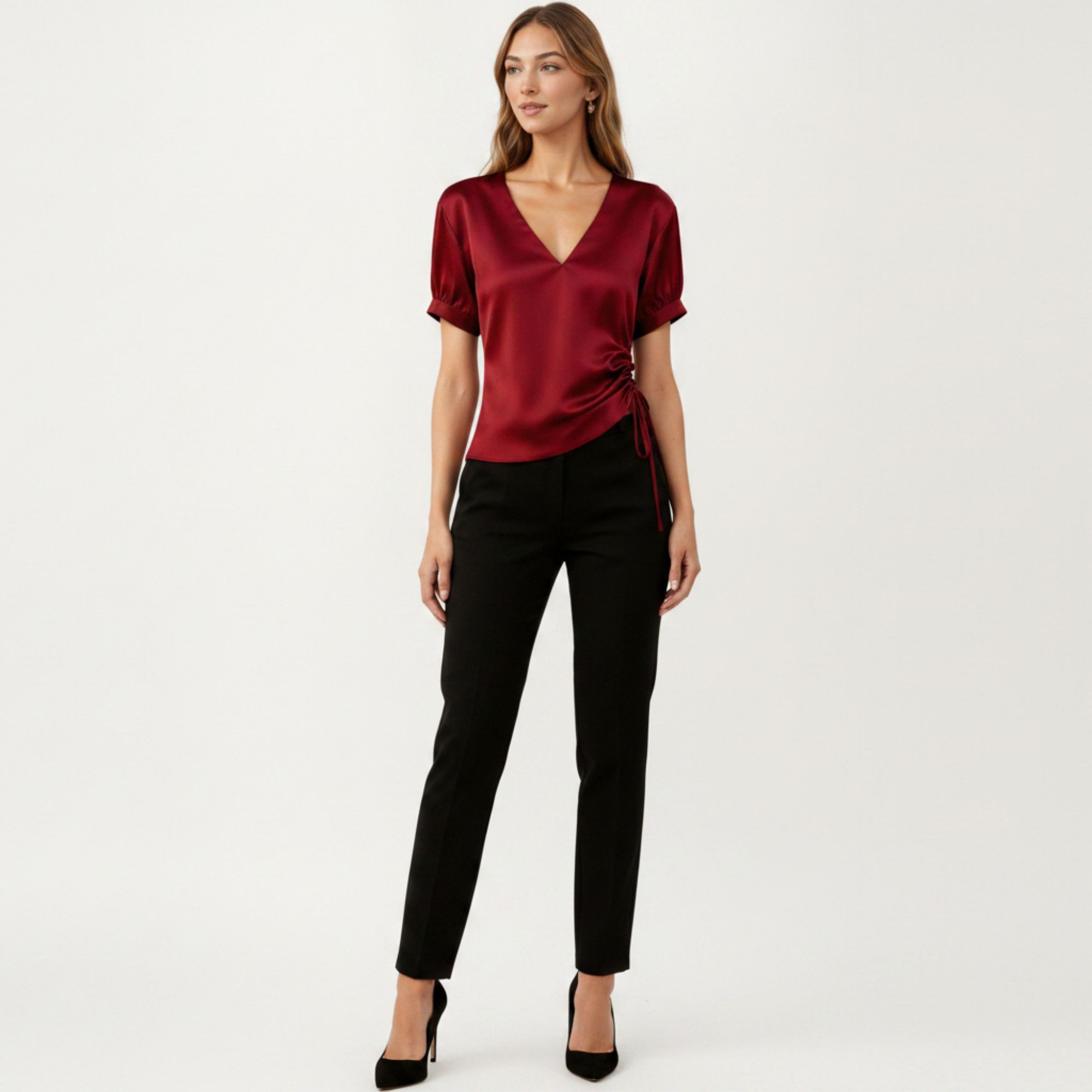 Anna-Kaci Women's Satin V Neck Blouse with Puff Sleeves and Side Ruched Drawstring