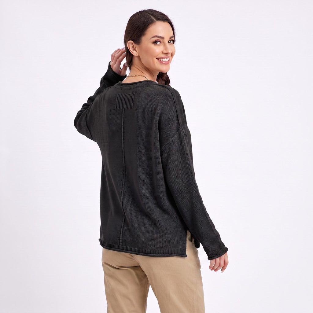 Relaxed Drop Shoulder Crew Neck Long Sleeve Knit Sweater