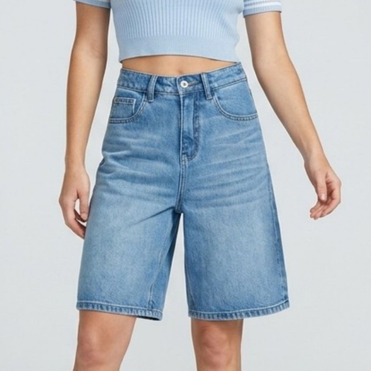 High-Waisted Denim Bermuda Shorts