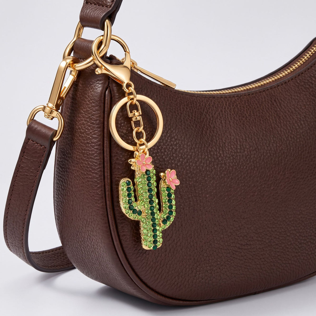 Cactus Rhinestone Keychain Bag Charm with Floral Detail and Lobster Clasp