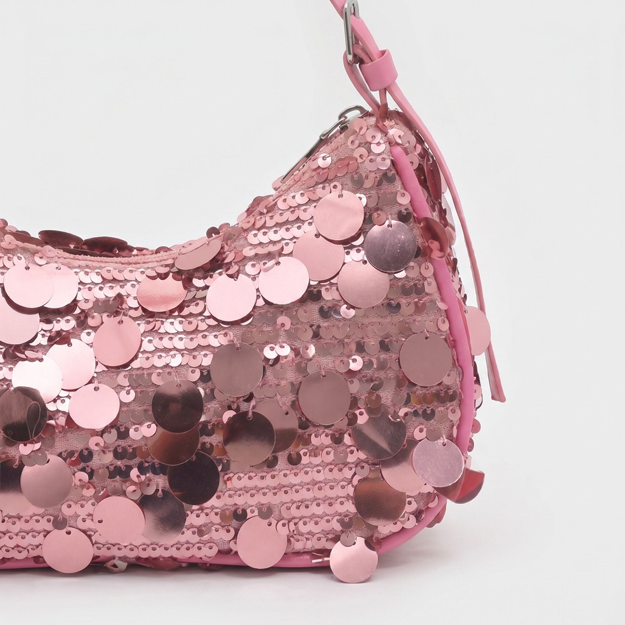 Sequin Crescent Shoulder Bag with Disc Paillette Details and Slim Strap