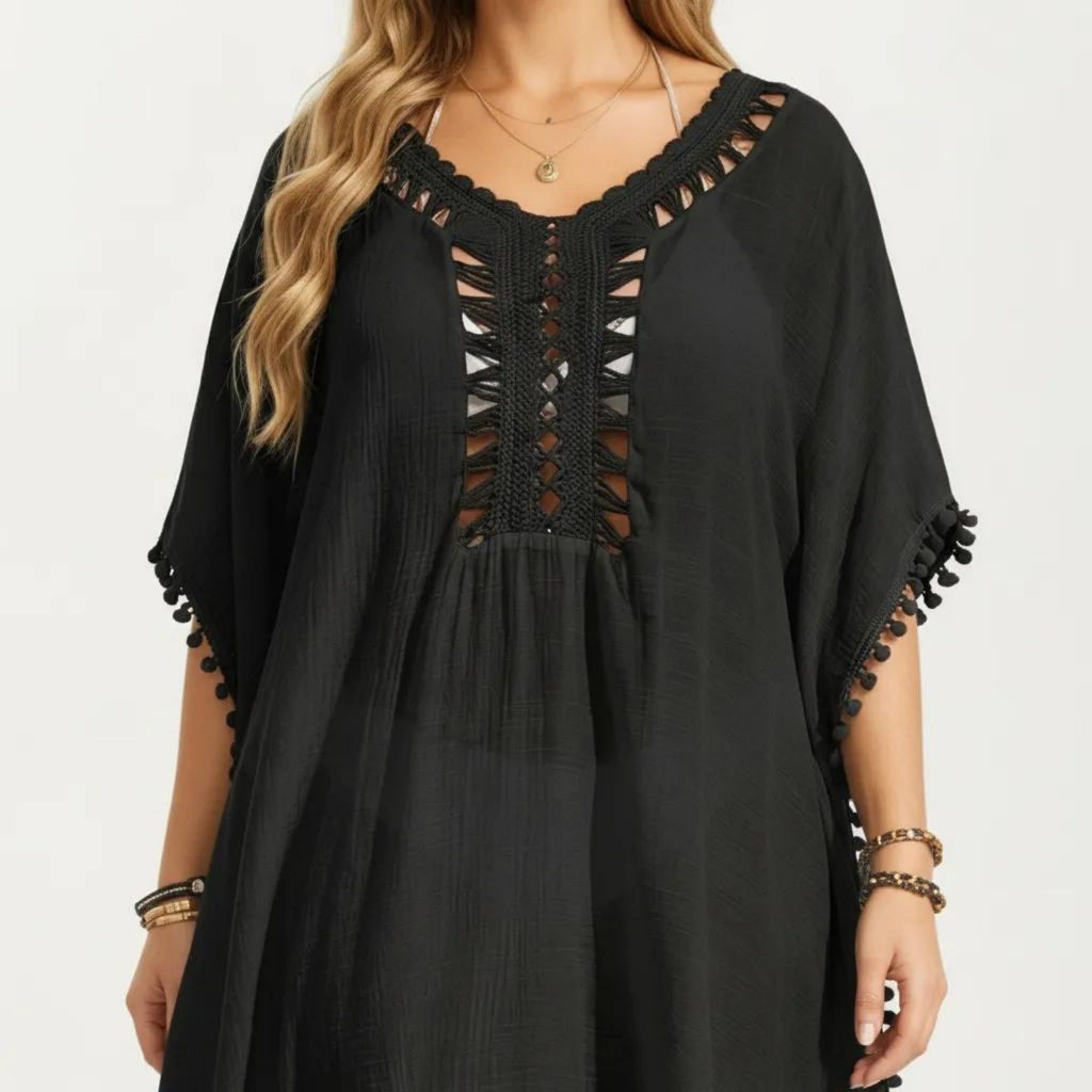 Anna-Kaci Women's Swim Cover Up Dress with Crochet Cutout Neckline Pom Trim Hem Loose Short Sleeves Relaxed Fit