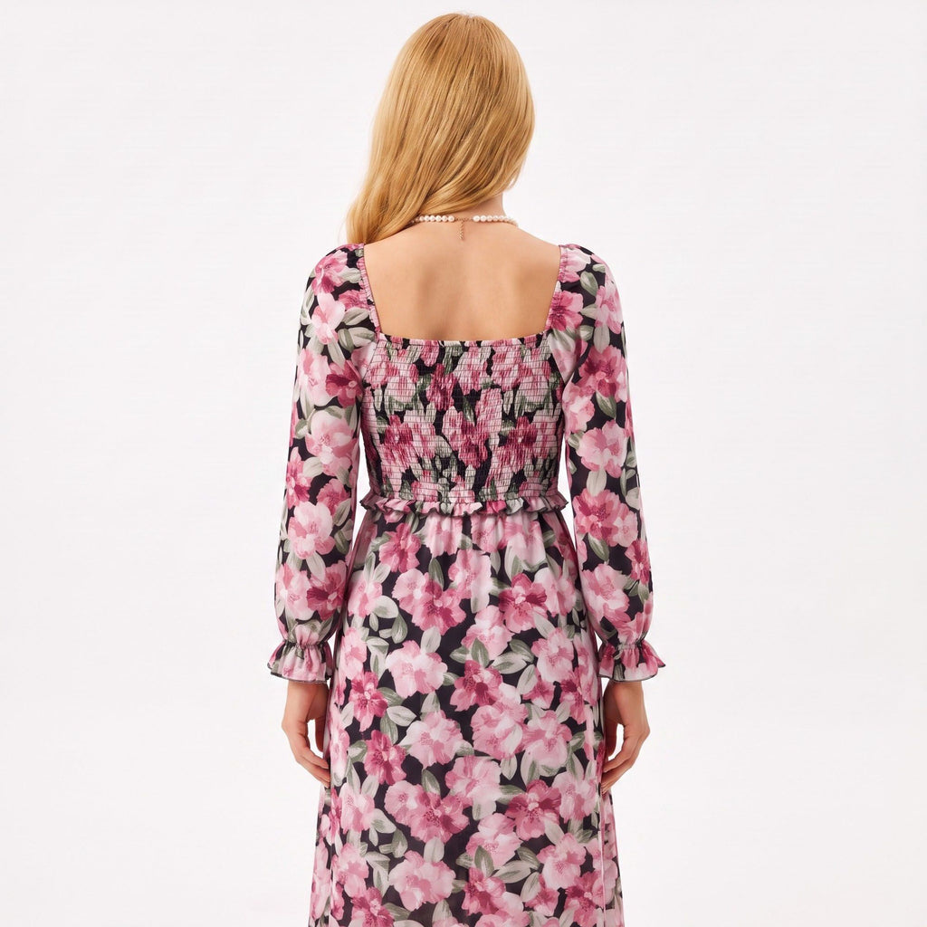Floral Smocked Square Neck Long Sleeve Midi Dress