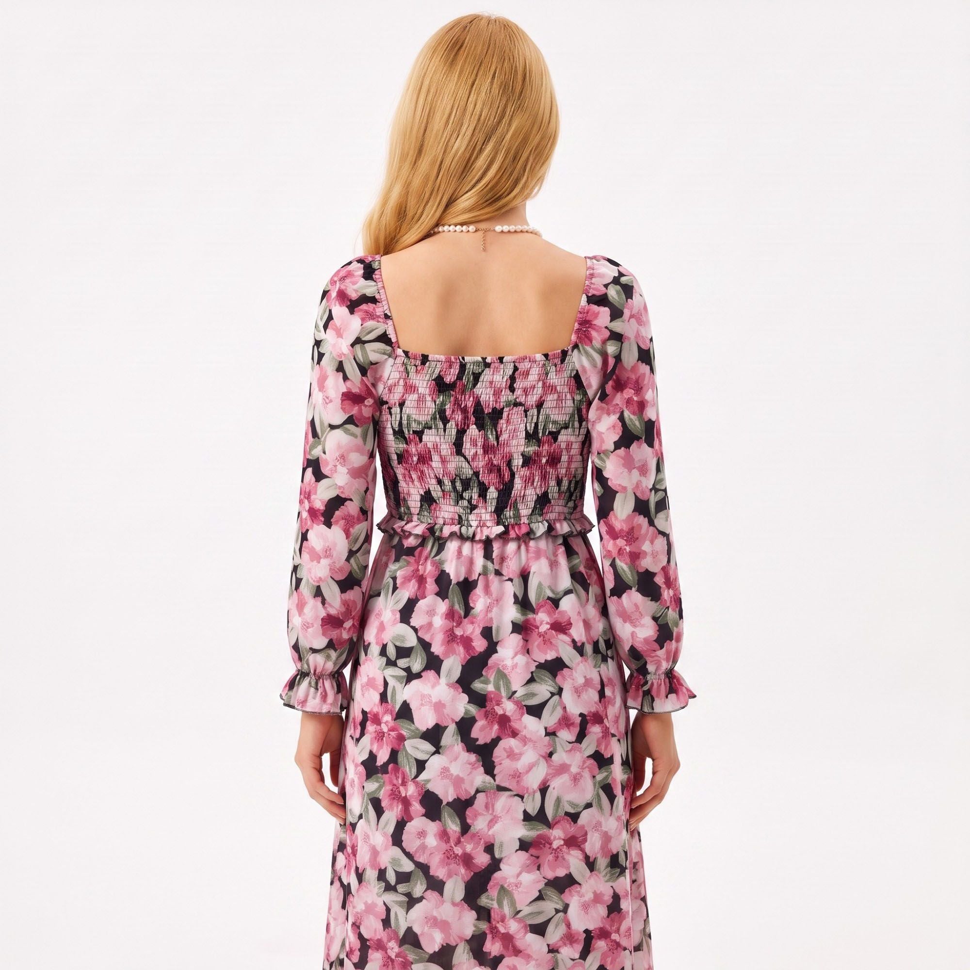Floral Smocked Square Neck Long Sleeve Midi Dress