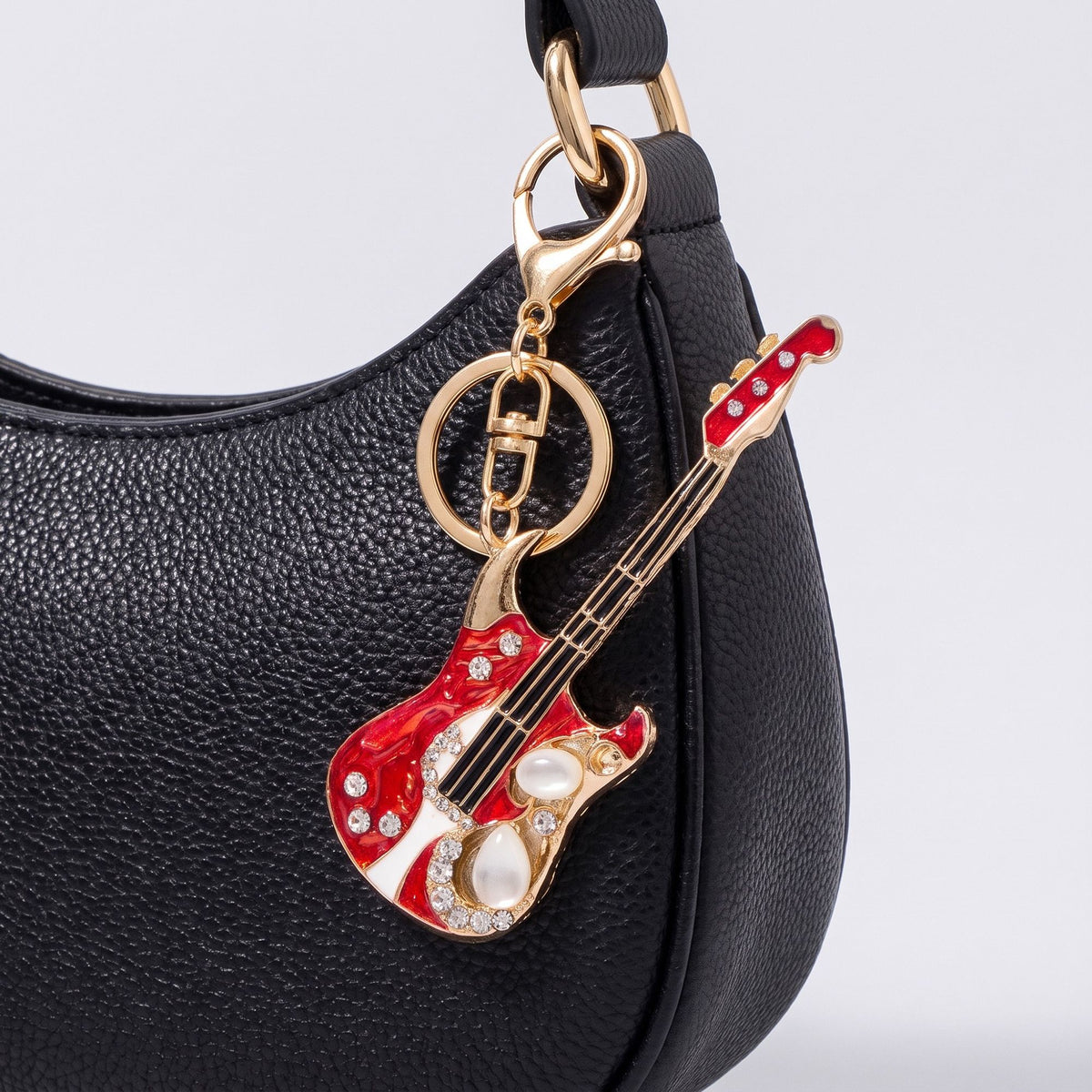 Guitar Rhinestone Keychain Bag Charm with Gold Tone Clasp and Key Ring