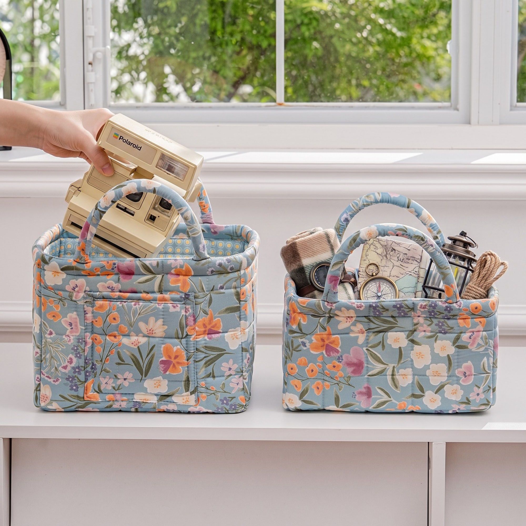 2 Piece Quilted Floral Storage Tote Set with Handles and Front Pocket