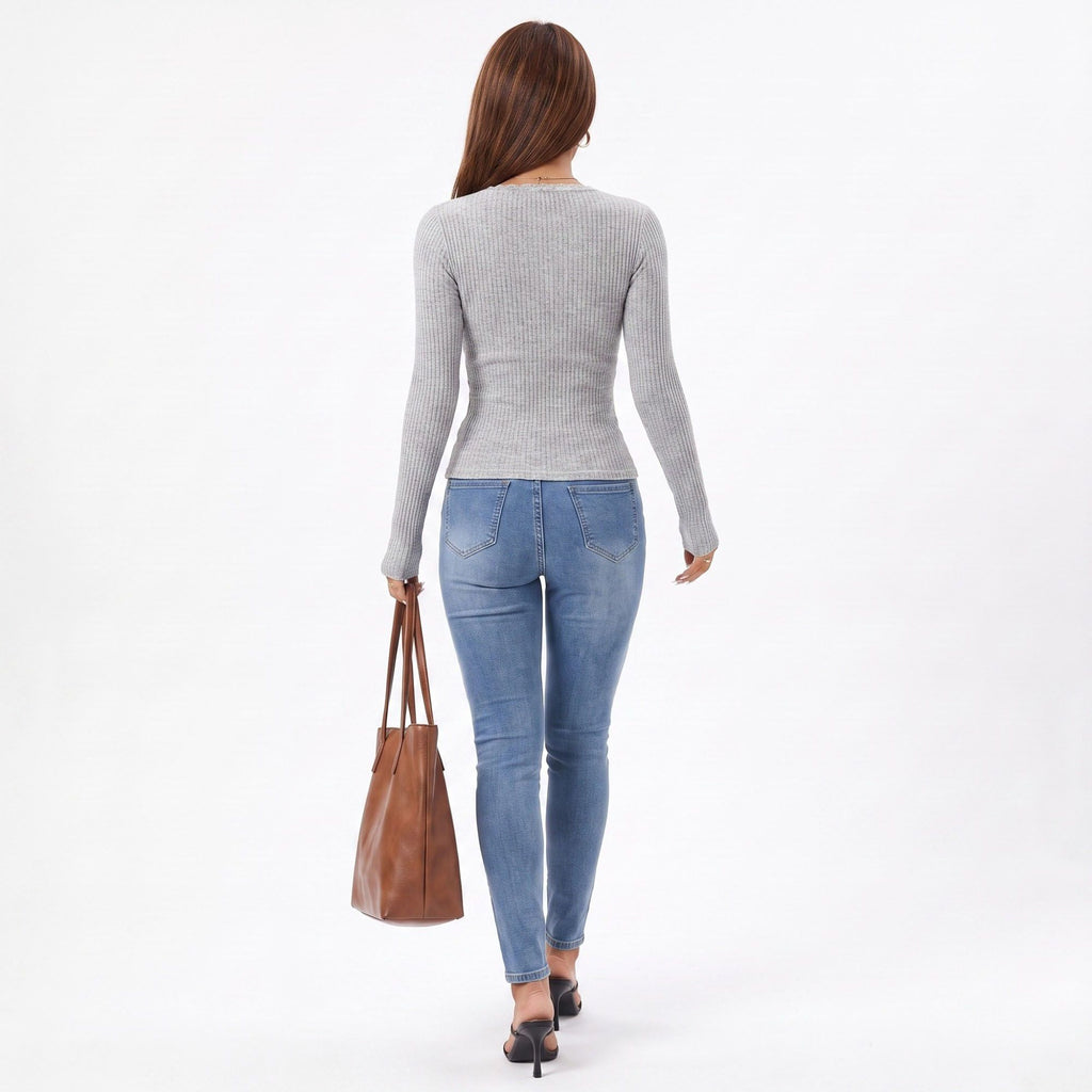 Ribbed Lace Inset V-Neck Button Long Sleeve Top