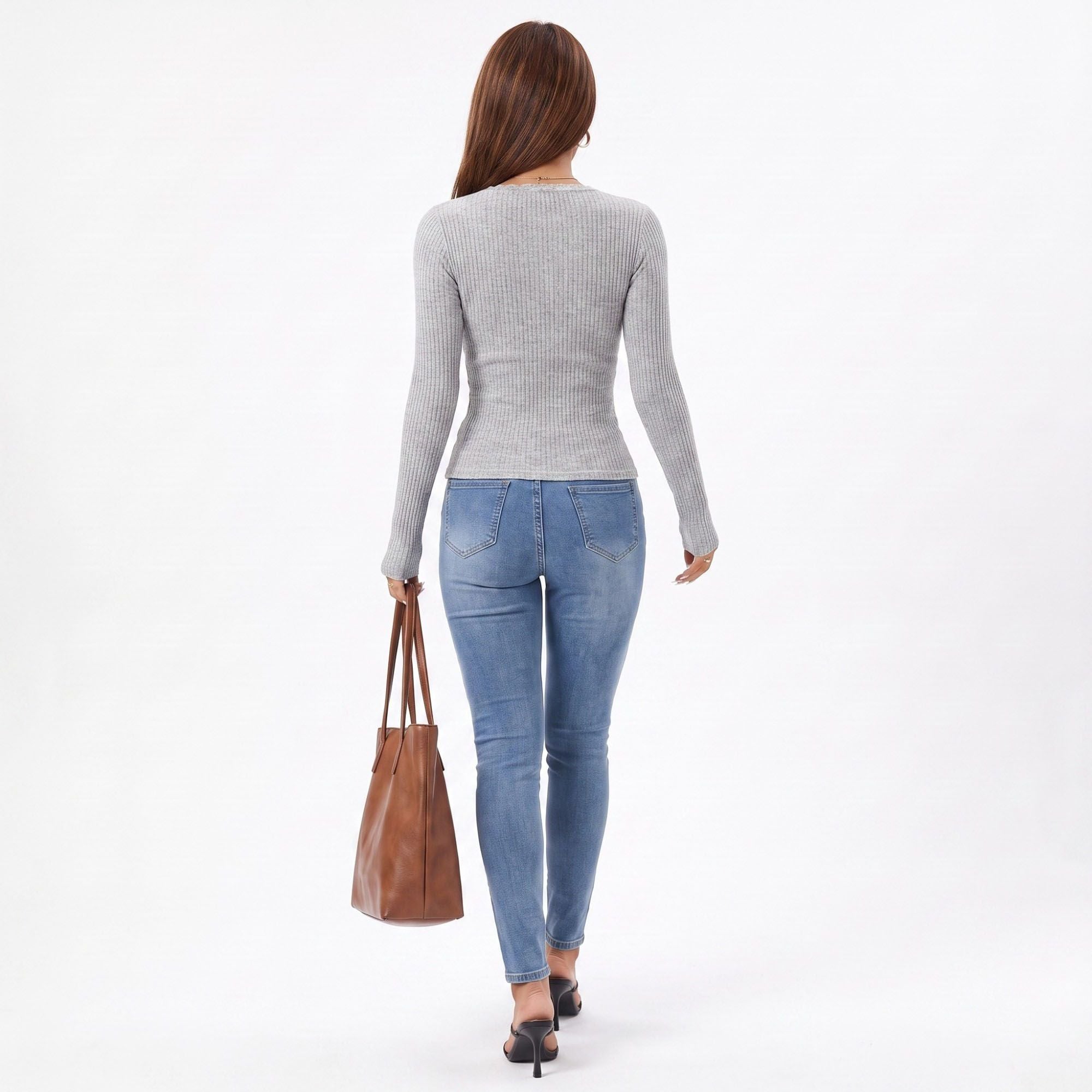 Ribbed Lace Inset V-Neck Button Long Sleeve Top